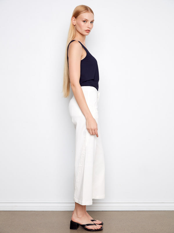 Wide Leg Twill Pants With Scalloped Edges - White
