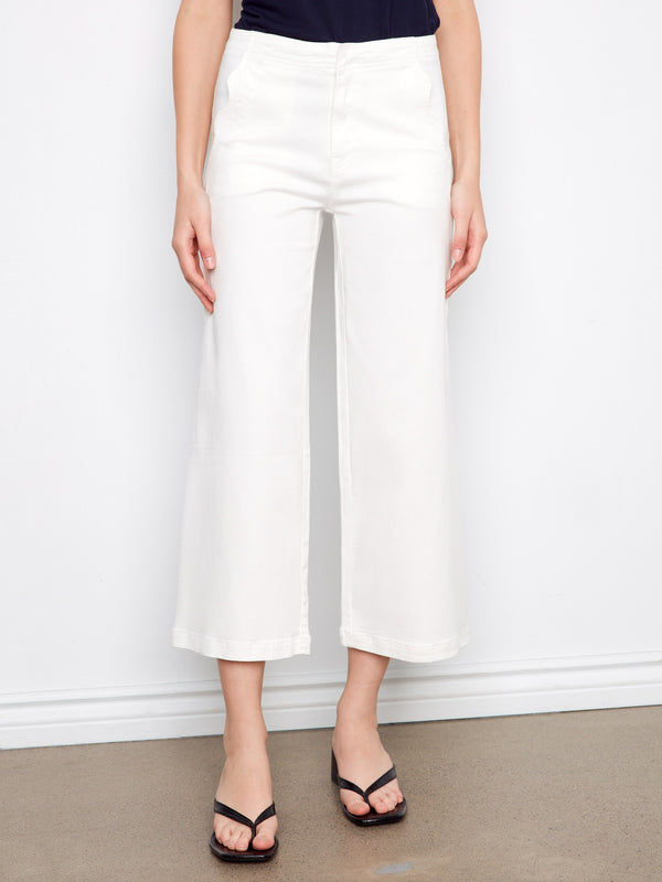 Wide Leg Twill Pants With Scalloped Edges - White