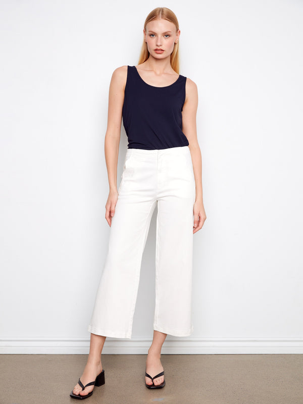 Wide Leg Twill Pants With Scalloped Edges - White