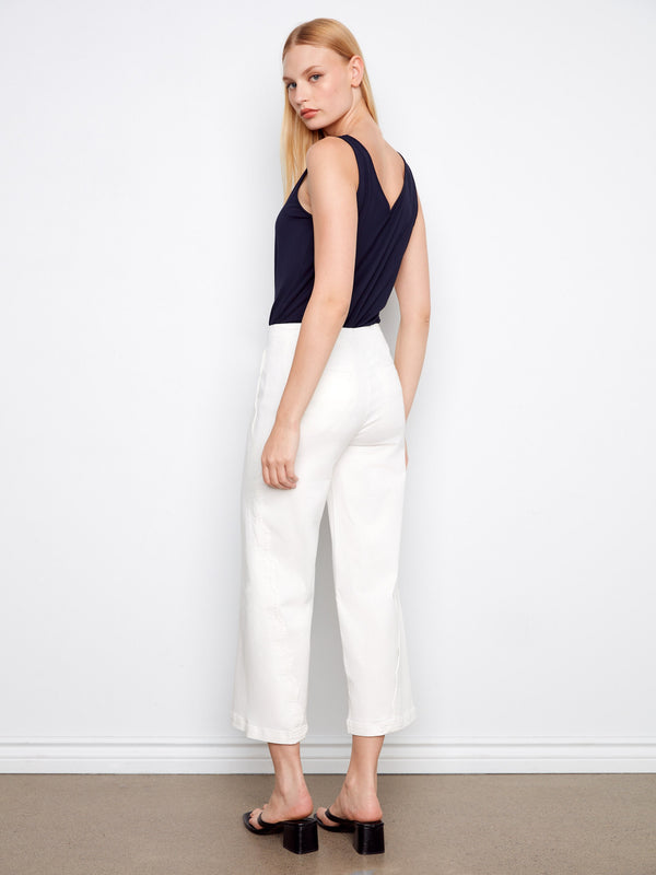 Wide Leg Twill Pants With Scalloped Edges - White