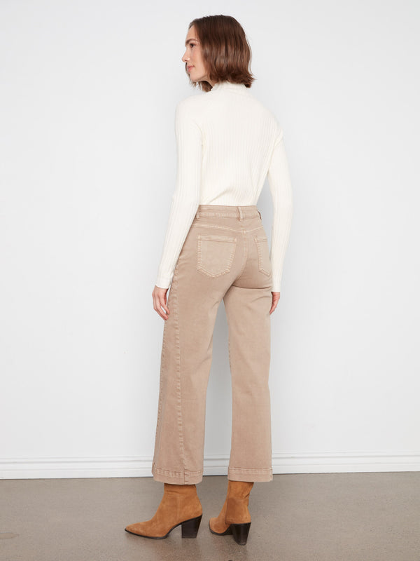 Wide Leg Twill Pants With Side Panel - Latte