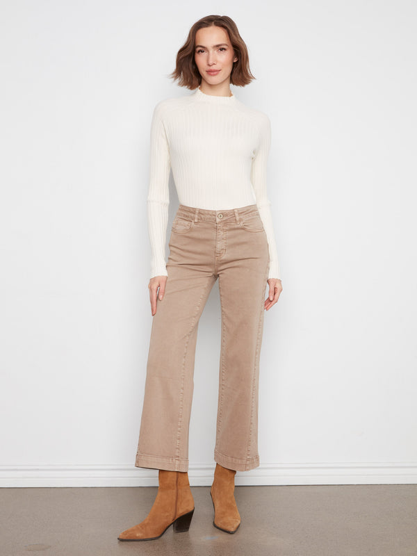 Wide Leg Twill Pants With Side Panel - Latte