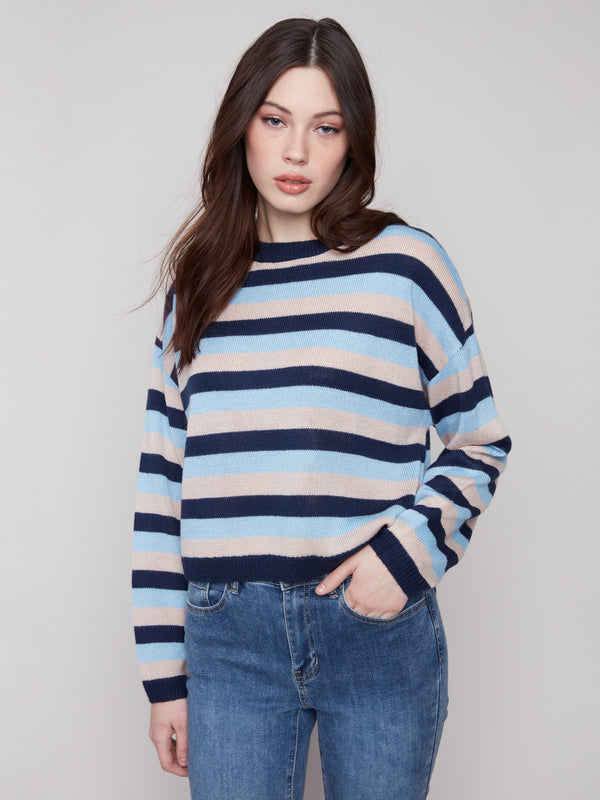 Navy striped sweater featuring a classic crew neck and drop shoulders, perfect for casual outings by Charlie B.