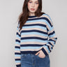 Navy striped sweater featuring a classic crew neck and drop shoulders, perfect for casual outings by Charlie B.