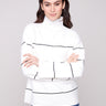 Ecru sweater with black stripes featuring a relaxed fit and cozy funnel neck, perfect for casual wear by Charlie B.