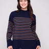 Navy blue striped sweater featuring a chic mock neck design with drop shoulders for a relaxed look by Charlie B.