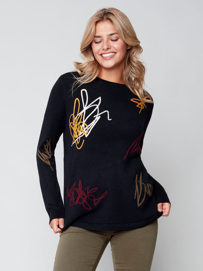 Sweater with Graffiti Embroidery - Black - Charlie B Collection Canada