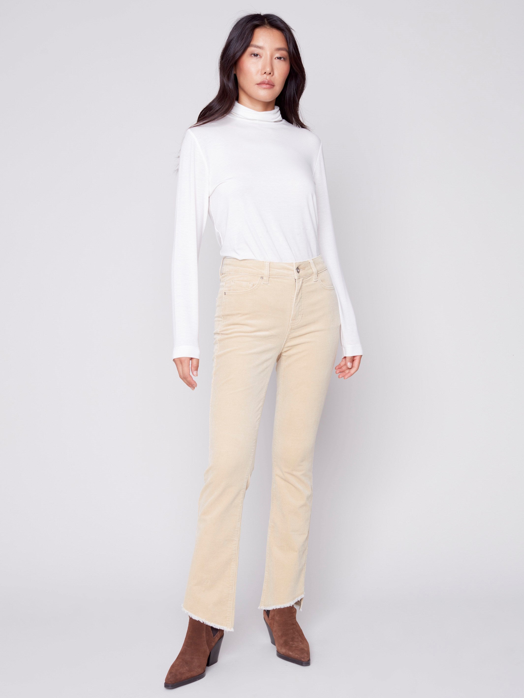 Bootcut Corduroy Pants with Asymmetrical Fringed Hem - Natural