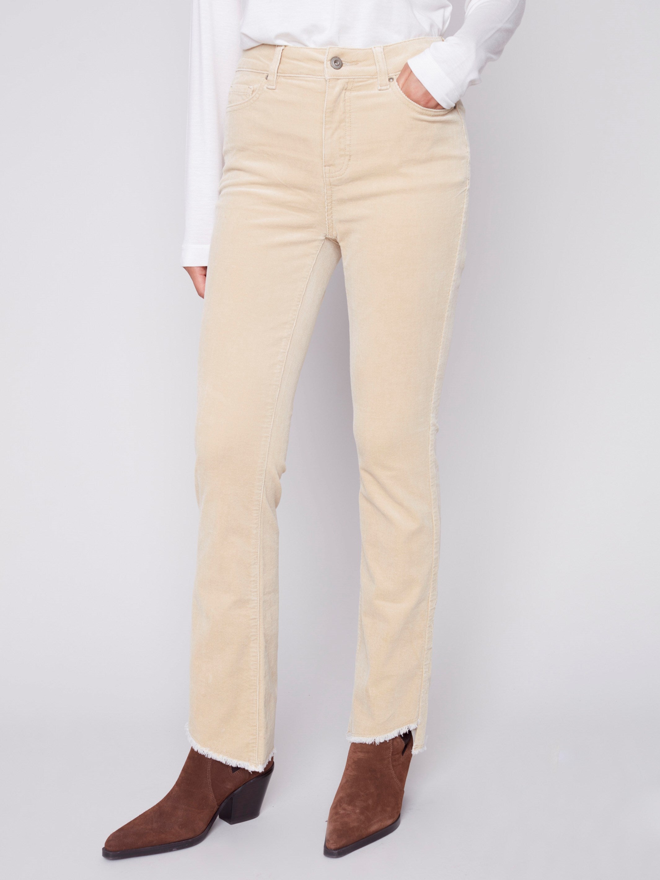 Bootcut Corduroy Pants with Asymmetrical Fringed Hem - Natural