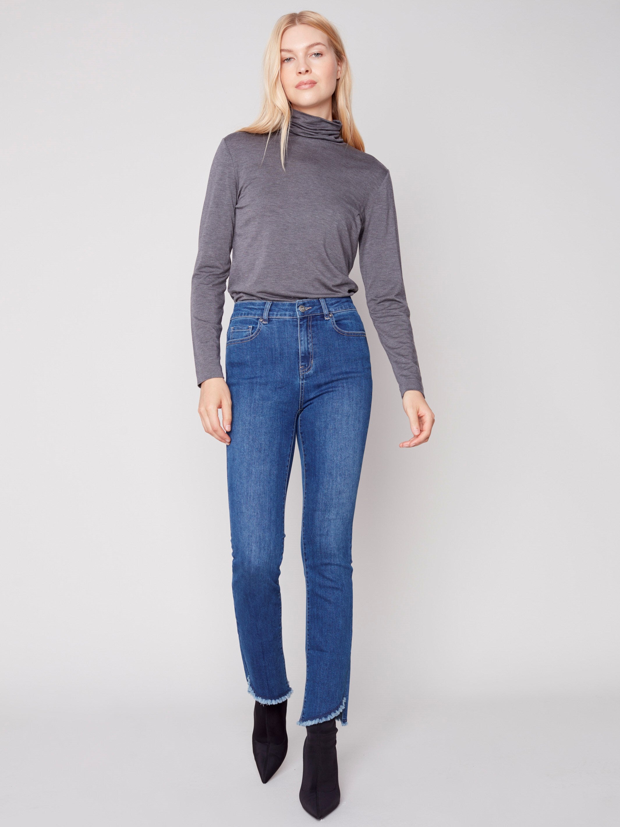 Bootcut Jeans with Asymmetrical Fringed Hem - Blue Jean