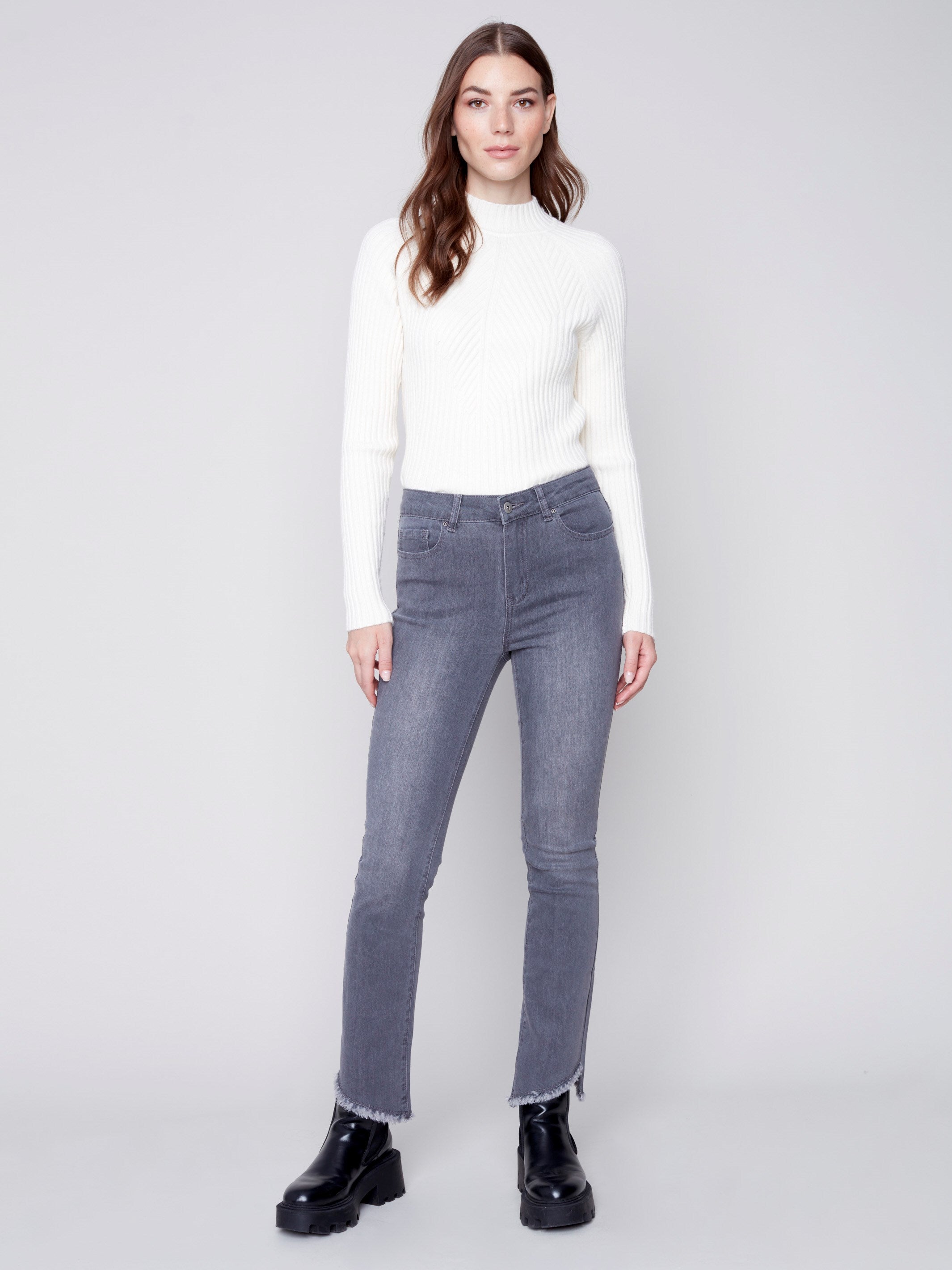 Bootcut Jeans with Asymmetrical Fringed Hem - Medium Grey