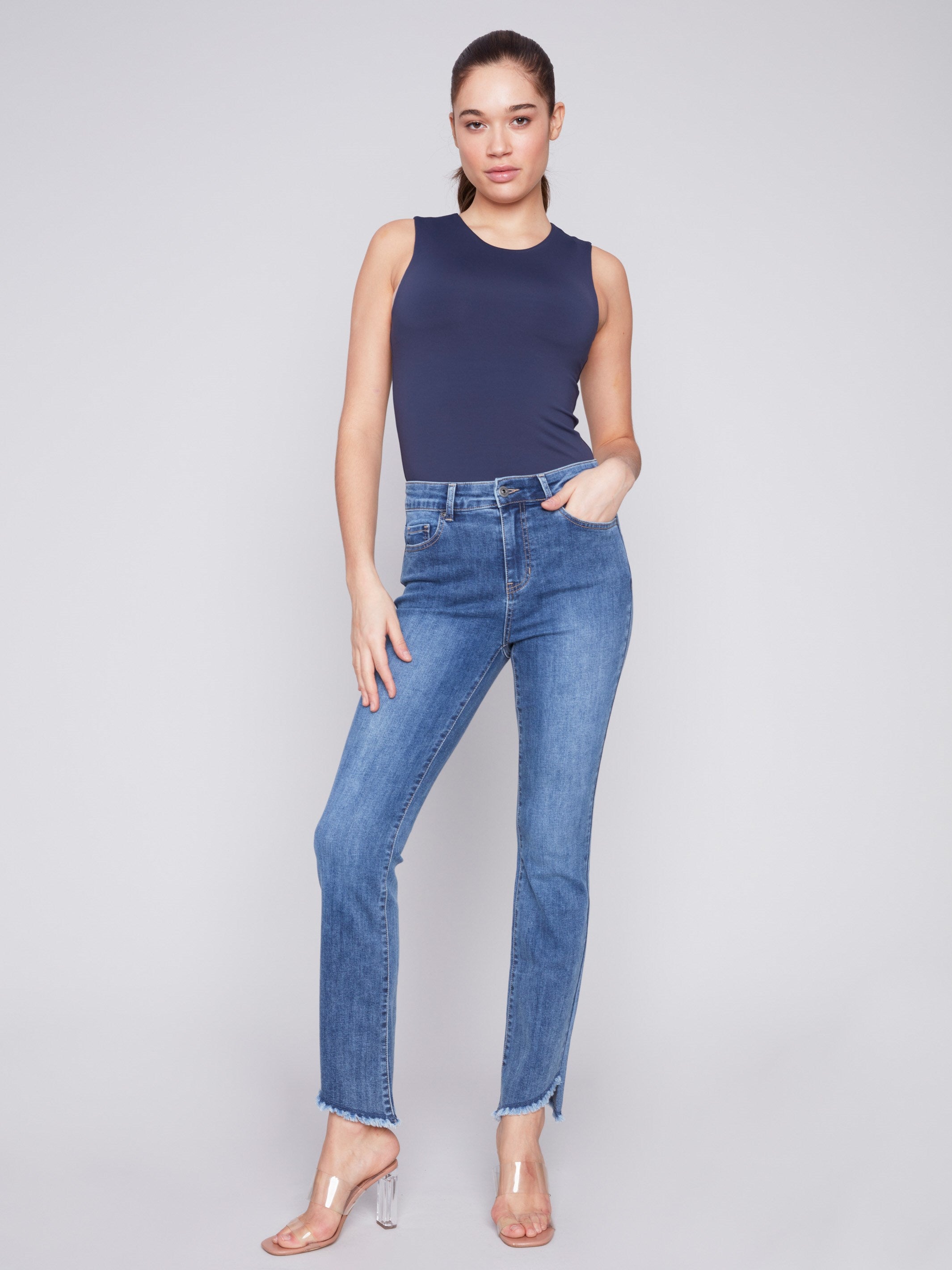 Bootcut Jeans with Asymmetrical Hem - Medium Blue - Charlie B Collection Canada - Image 8