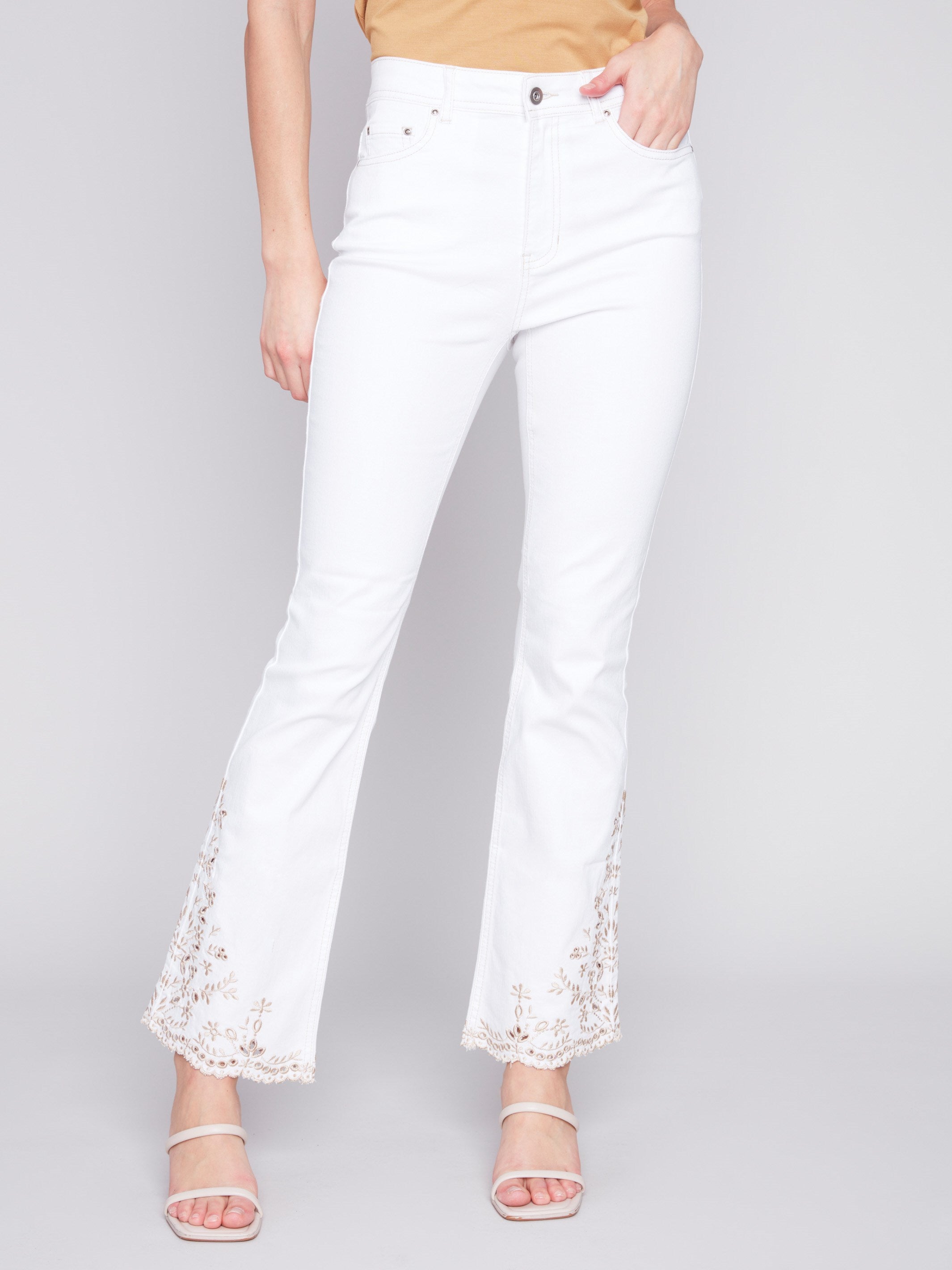 Bootcut Twill Jeans with Embroidery - White - Charlie B Collection Canada - Image 2