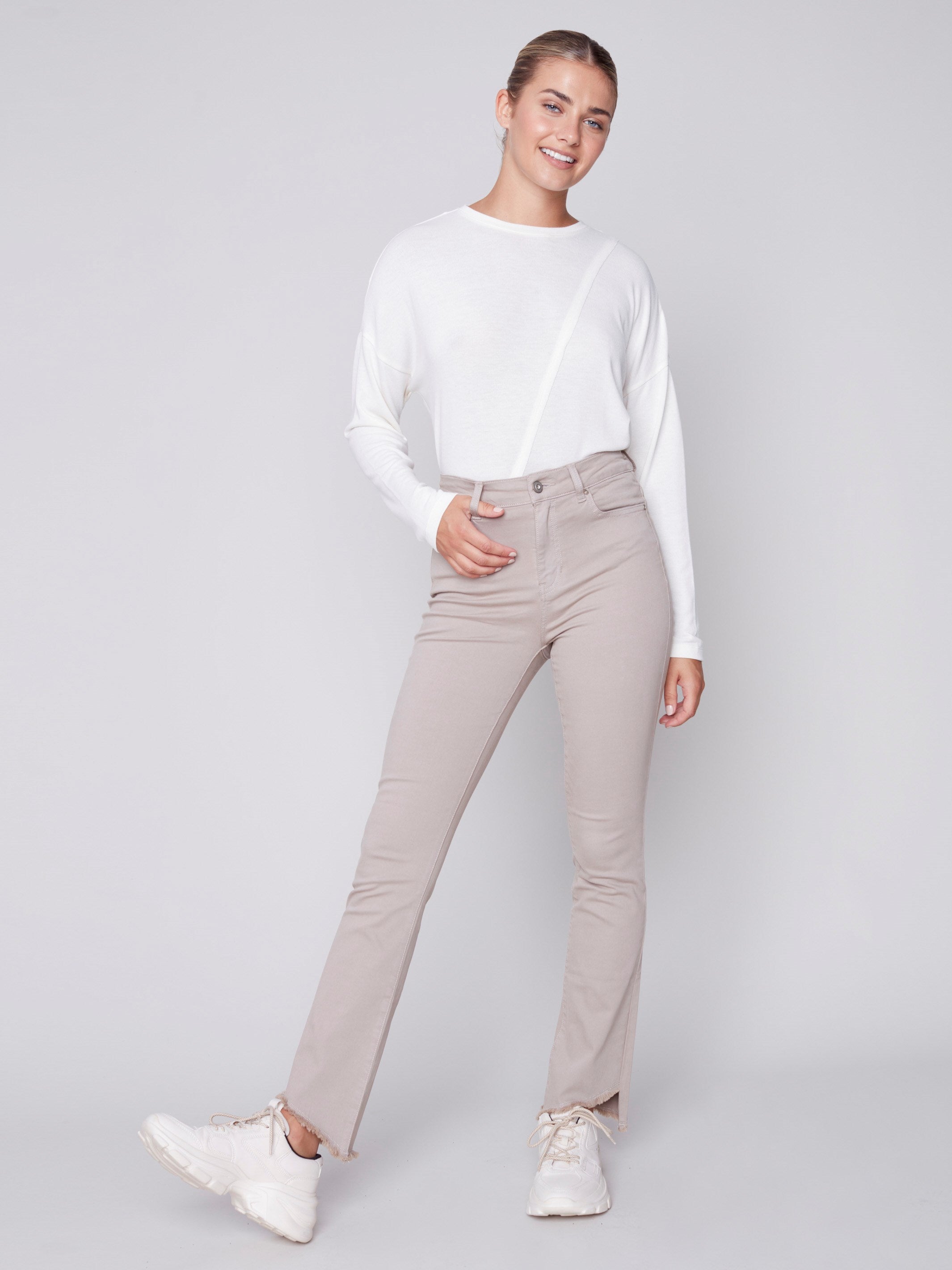 Bootcut Twill Pants with Asymmetrical Fringed Hem - Almond
