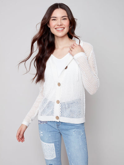 Bouclé Yarn Hooded Sweater - White - C2490 Charlie B Collection Canada