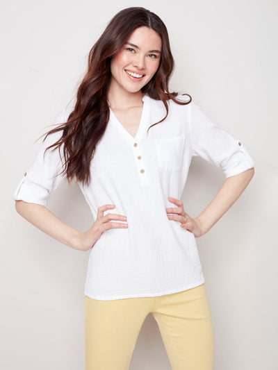 Bubble Cotton Blouse - White - C4188 Charlie B Collection Canada