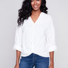 Bubble Cotton Blouse with Front Twist - White - Charlie B Collection Canada - Image 1