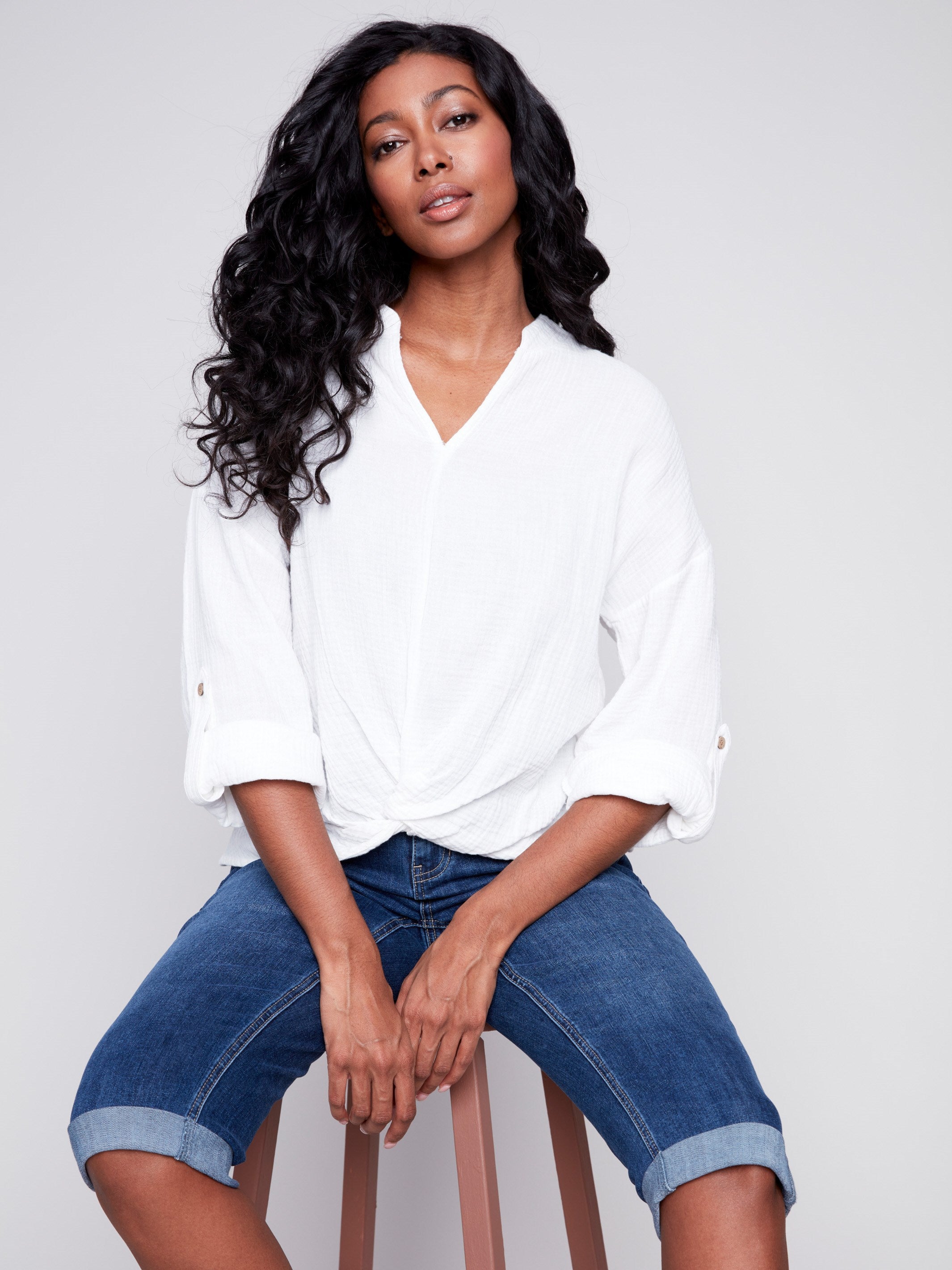 Bubble Cotton Blouse with Front Twist - White - Charlie B Collection Canada - Image 2