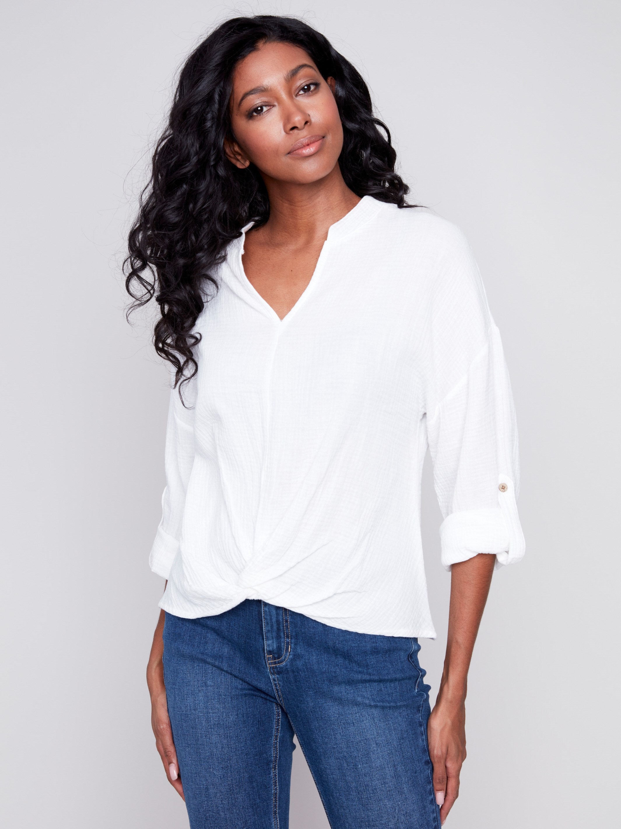 Bubble Cotton Blouse with Front Twist - White - Charlie B Collection Canada - Image 4