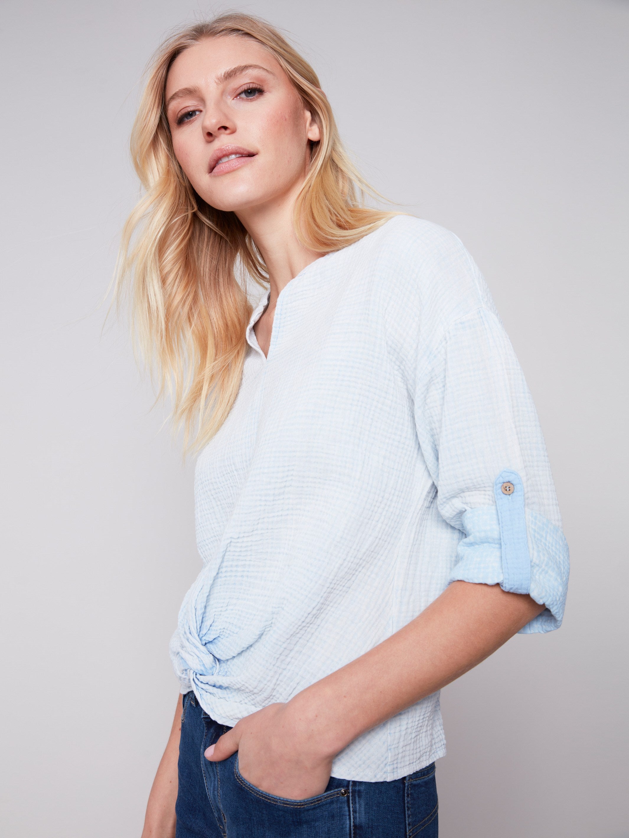 Bubble Cotton Blouse with Front Twist - Sky - Charlie B Collection Canada - Image 2