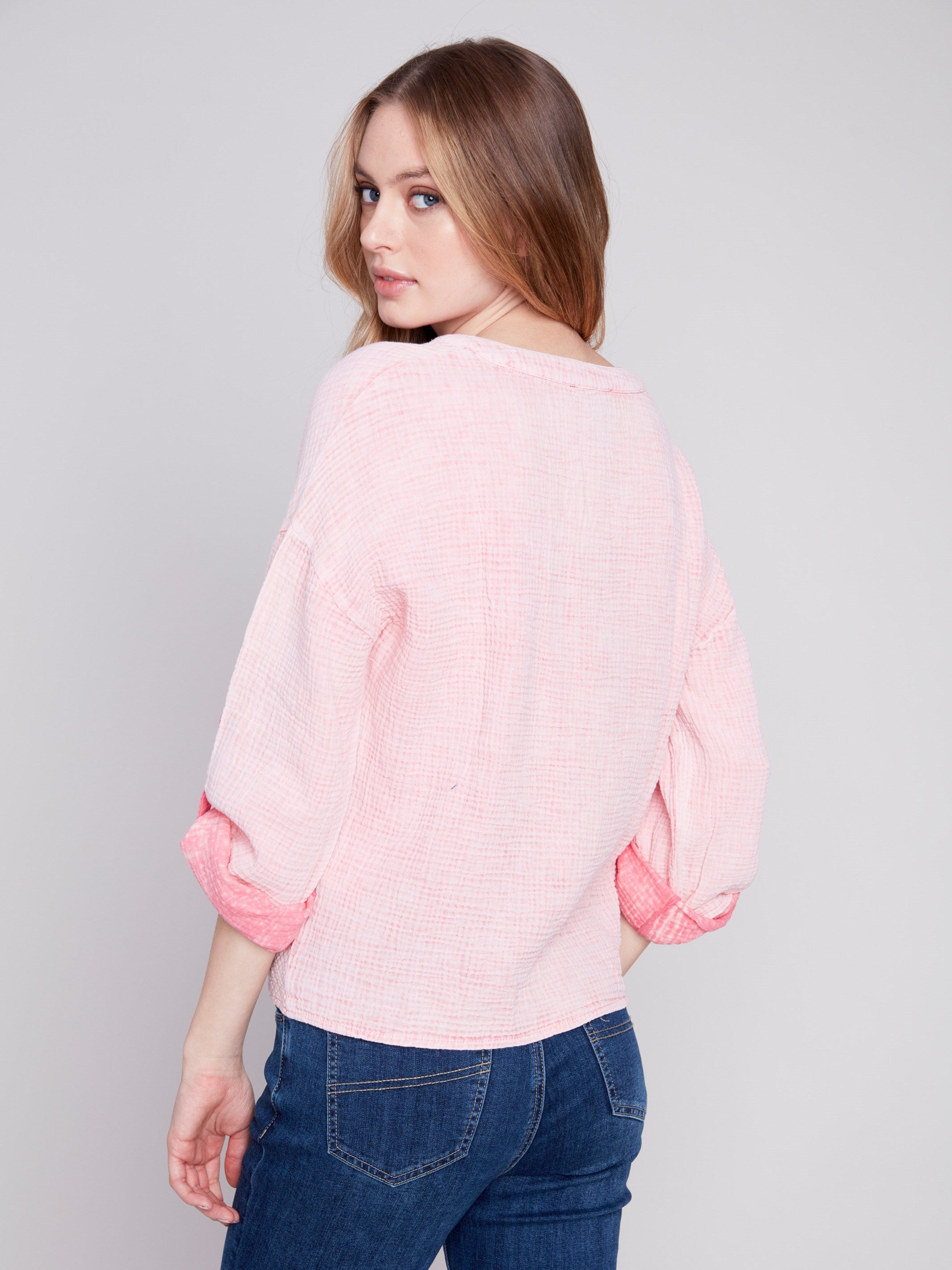 Bubble Cotton Blouse with Front Twist - Flamingo - Charlie B Collection Canada - Image 2