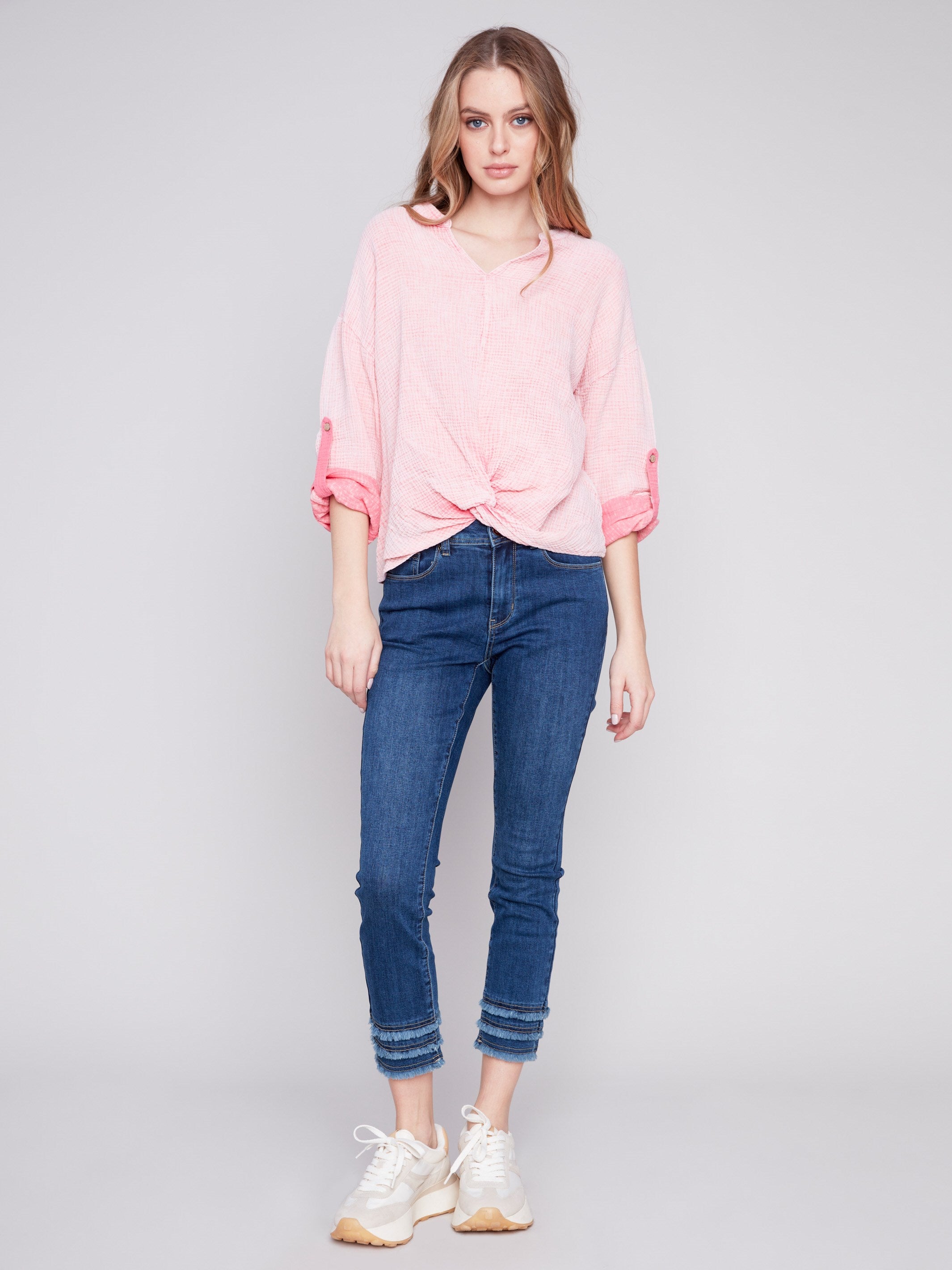 Bubble Cotton Blouse with Front Twist - Flamingo - Charlie B Collection Canada - Image 3