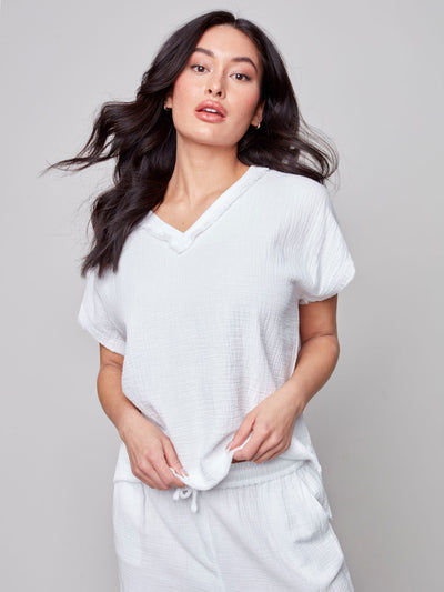 Bubble Cotton Top with Frayed Details - White - C4446 Charlie B Collection Canada