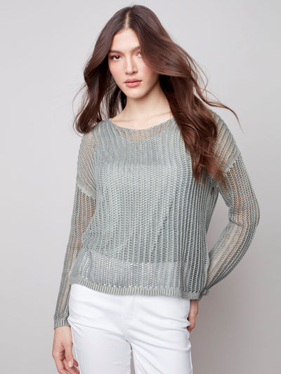 Fishnet Crochet V-Neck Sweater - Celadon Green - C2493 - Charlie B Collection Canada