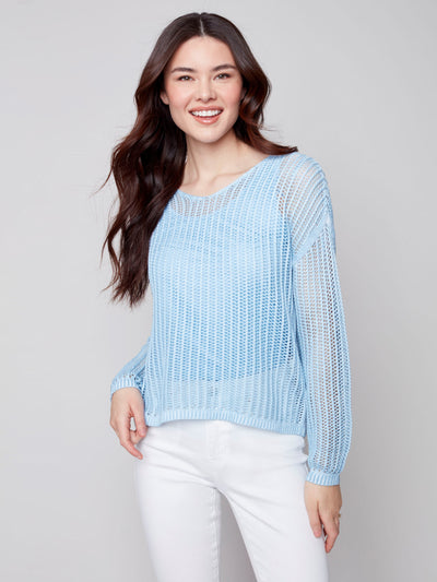 Fishnet Crochet V-Neck Sweater - Cerulean Blue - C2493 - Charlie B Collection Canada