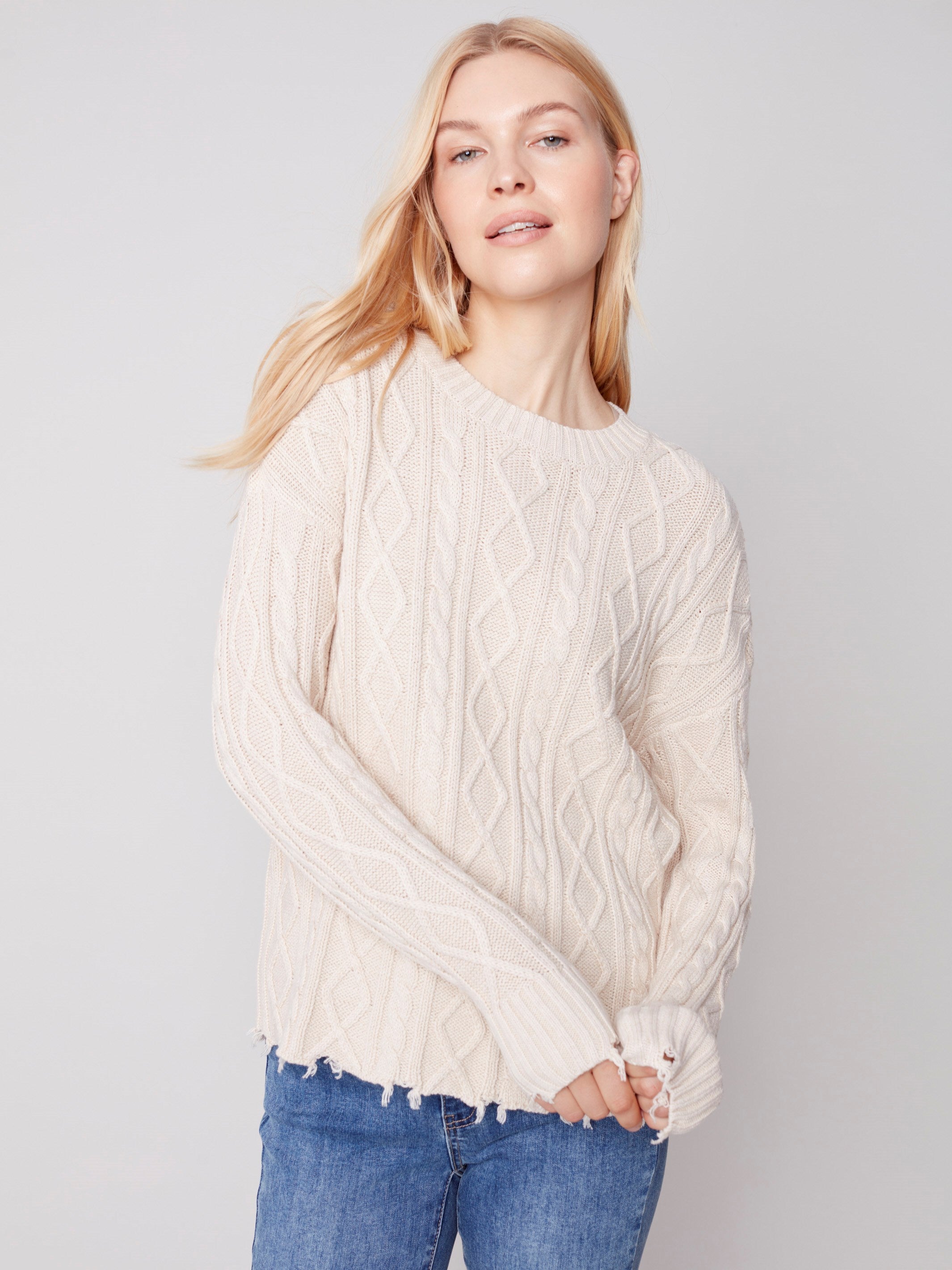 Cotton Blend Cable Knit Sweater - Ecru
