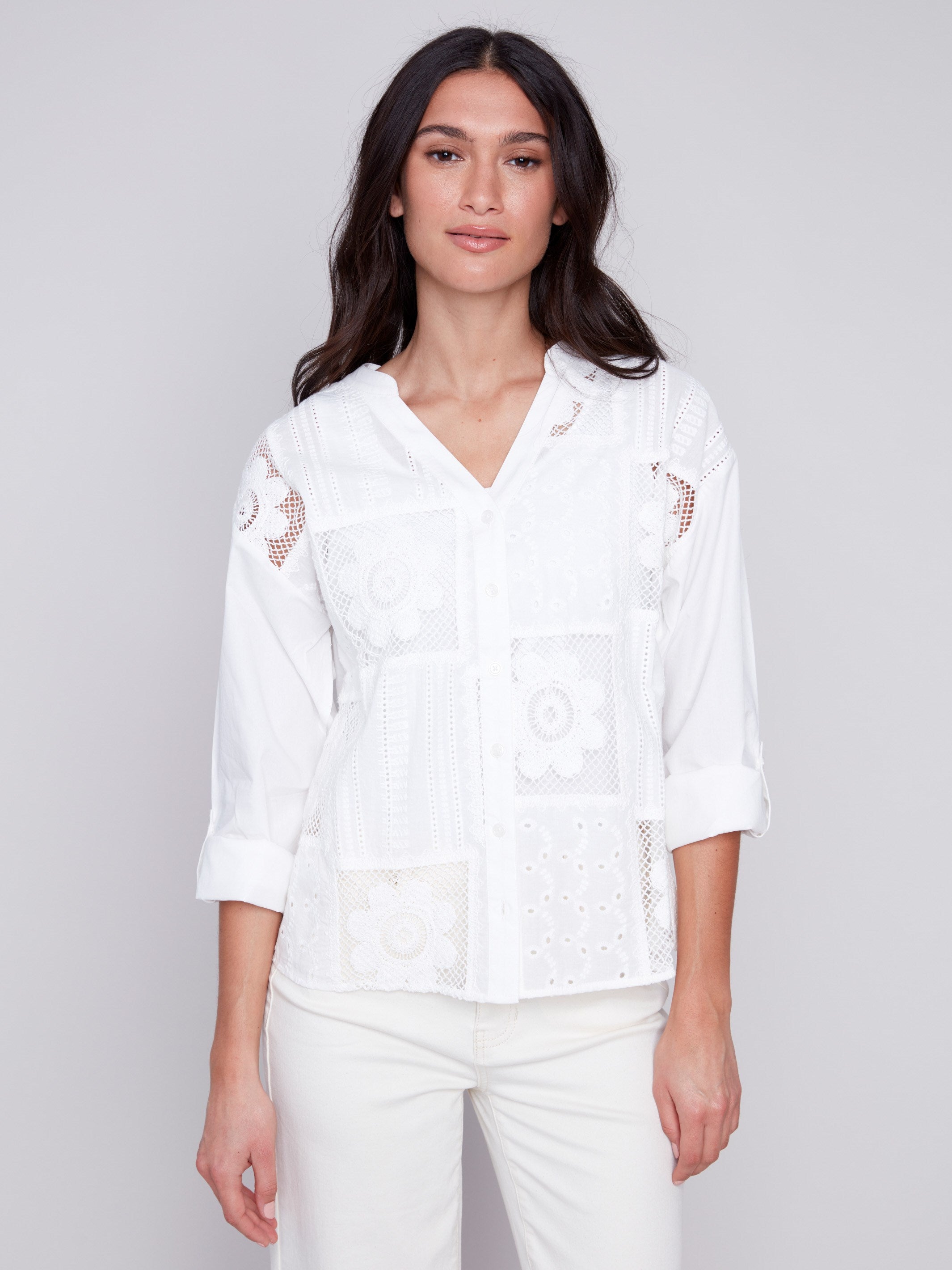 Cotton Eyelet Shirt - White - Charlie B Collection Canada - Image 1