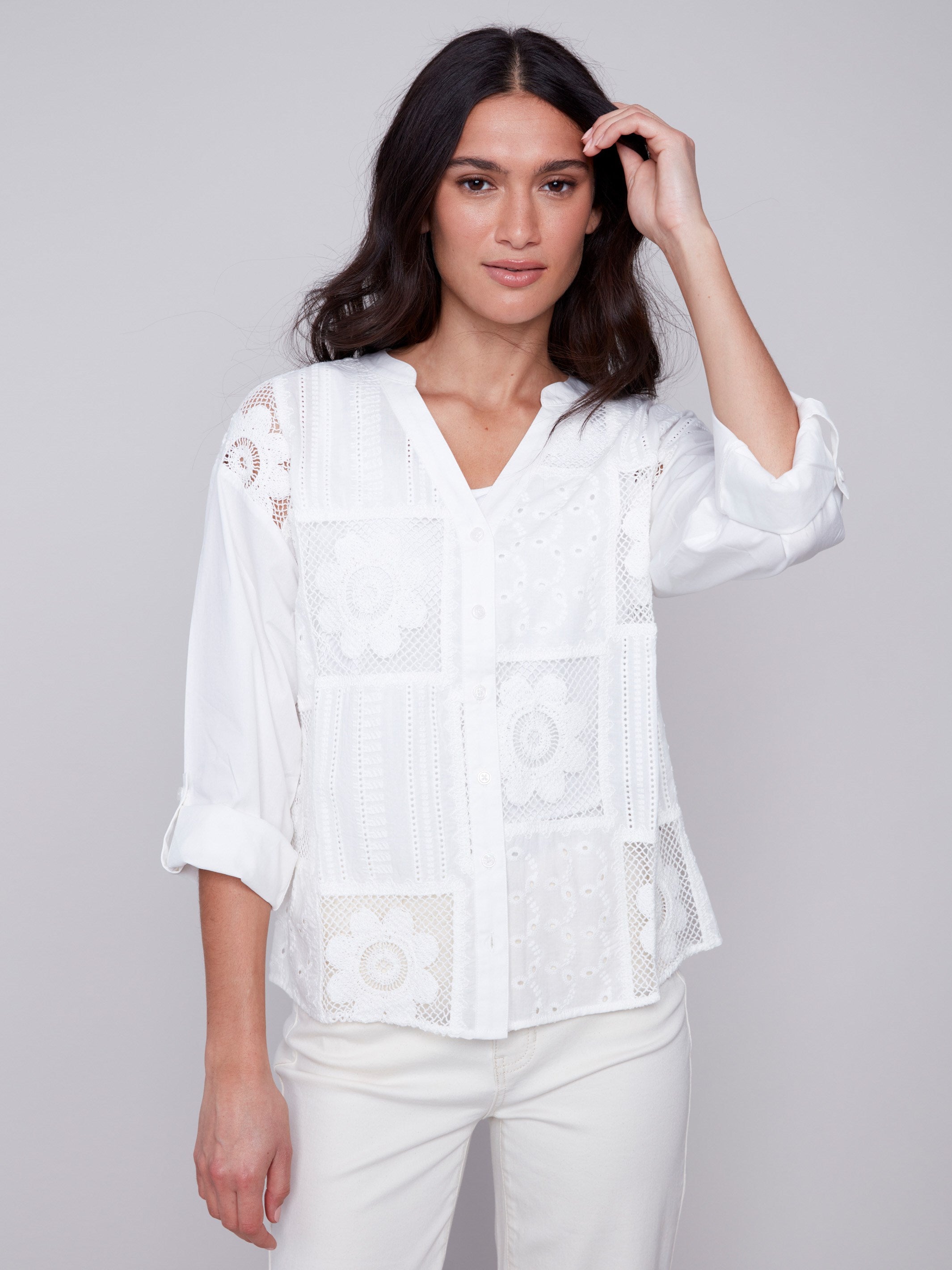 Cotton Eyelet Shirt - White - Charlie B Collection Canada - Image 4
