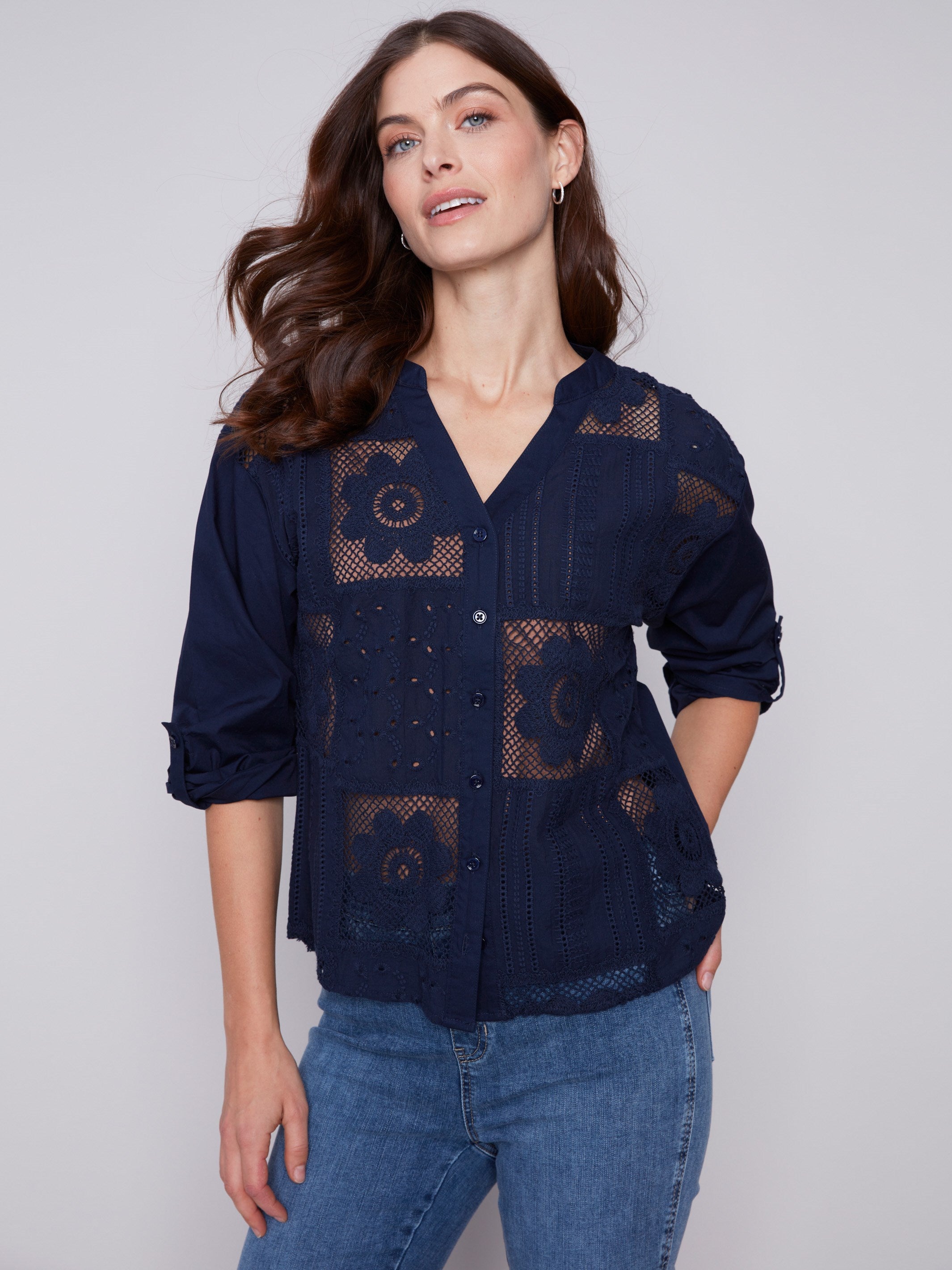 Cotton Eyelet Shirt - Navy - Charlie B Collection Canada - Image 4