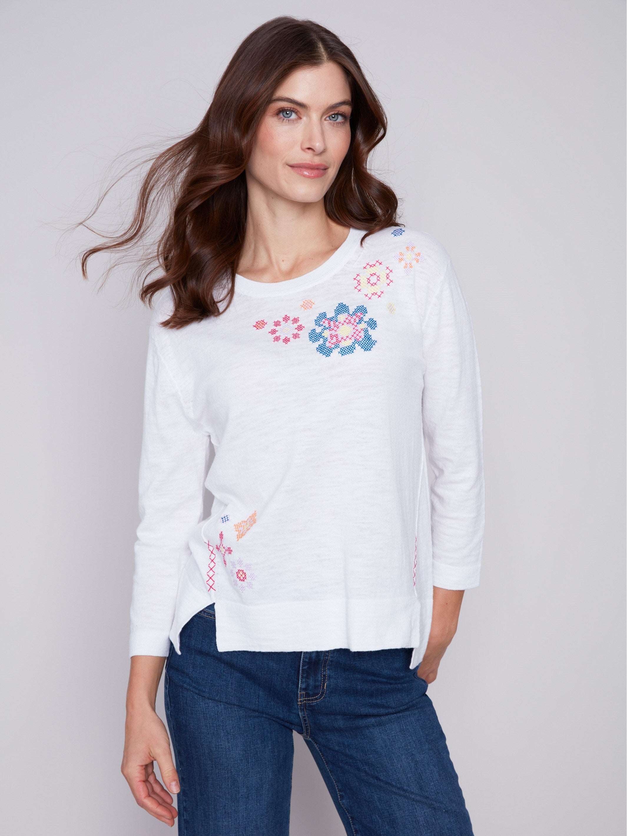 Cotton Sweater With Flower Embroidery - White - Charlie B Collection Canada - Image 4