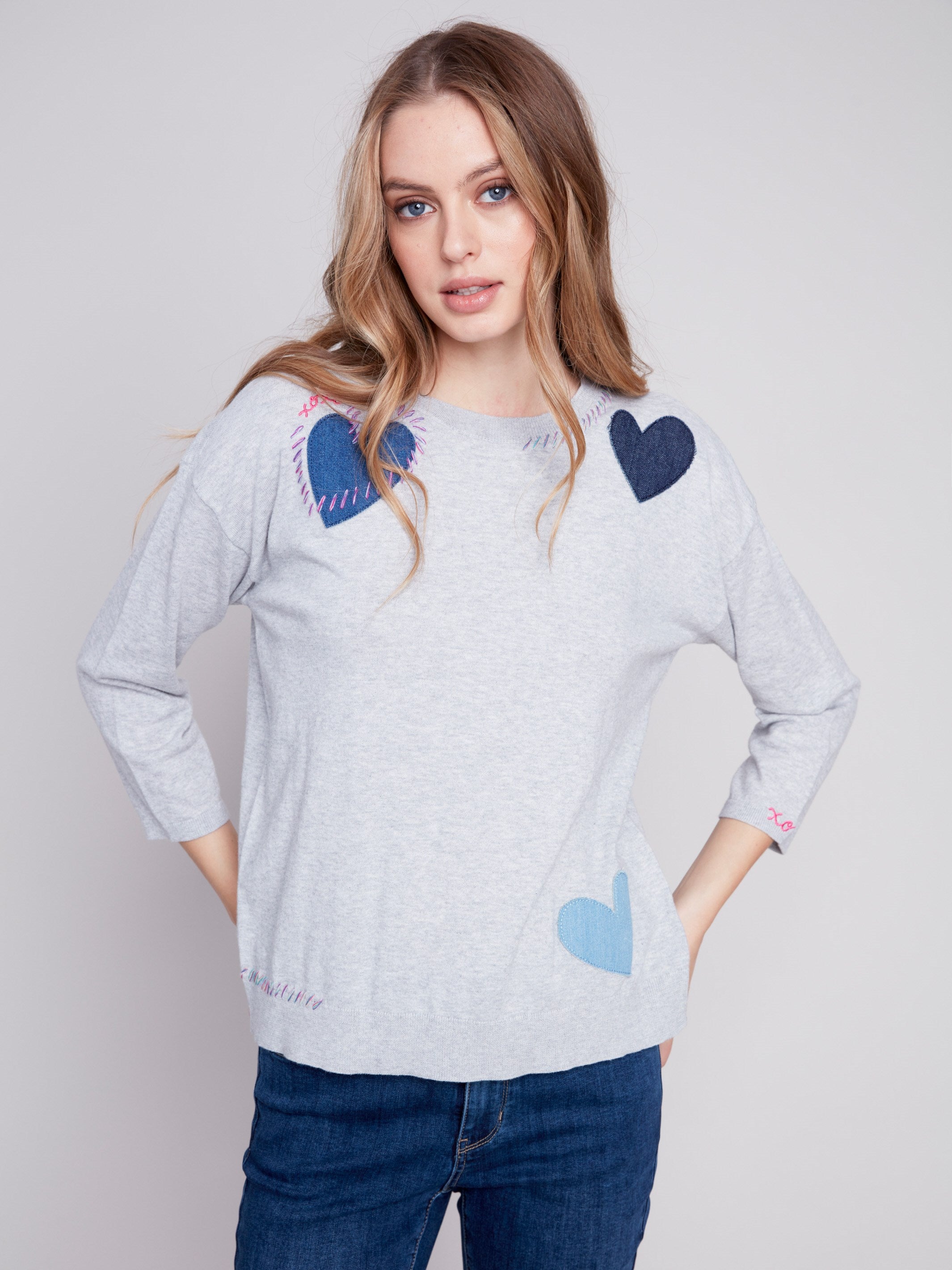 Cotton Sweater with Heart Patches - Grey - Charlie B Collection Canada - Image 1