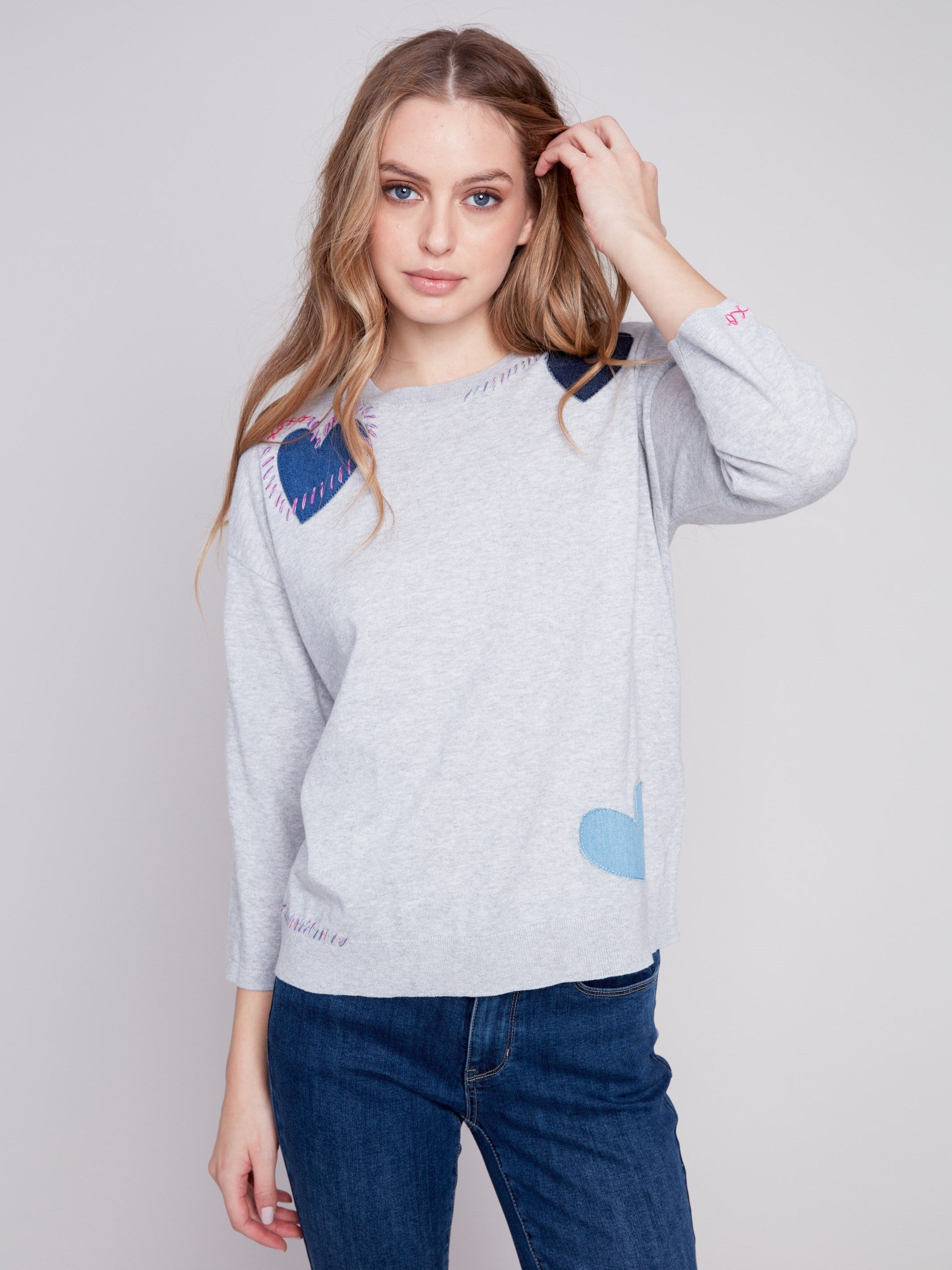 Cotton Sweater with Heart Patches - Grey - Charlie B Collection Canada - Image 2
