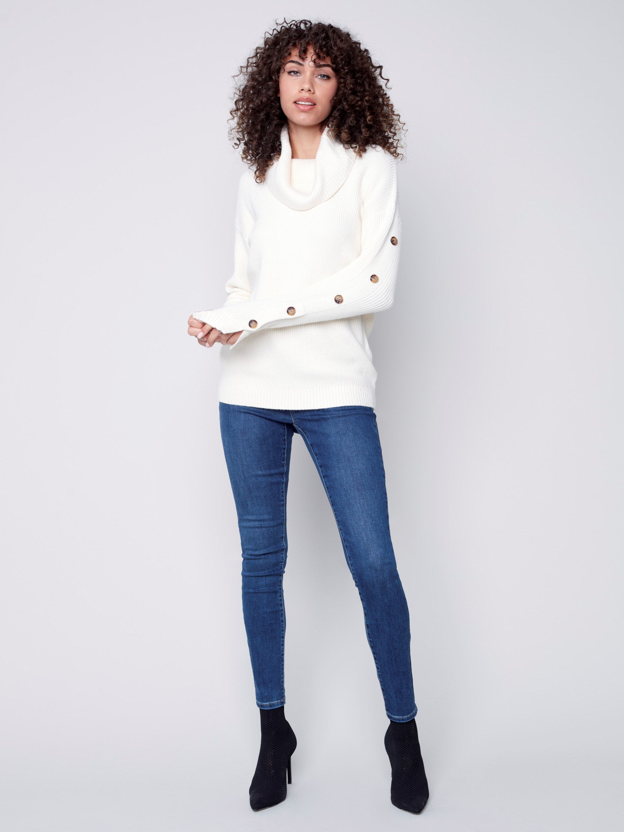 Cowl Neck Sweater with Button Detail - Ecru