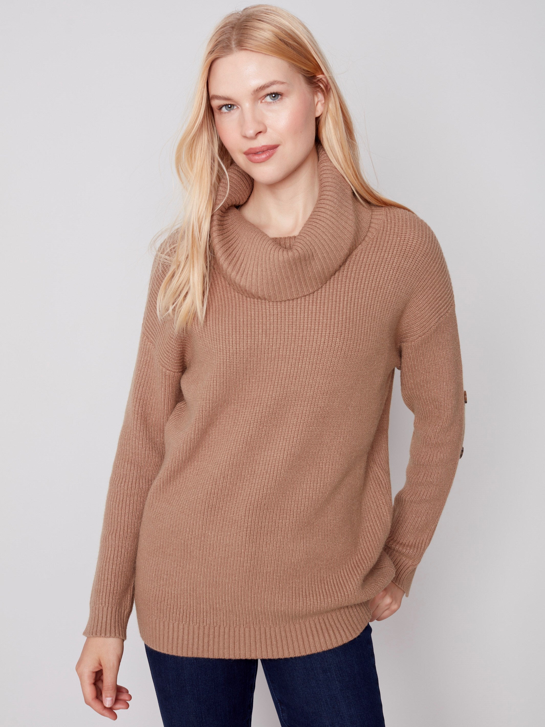 Cowl Neck Sweater with Button Detail - Truffle