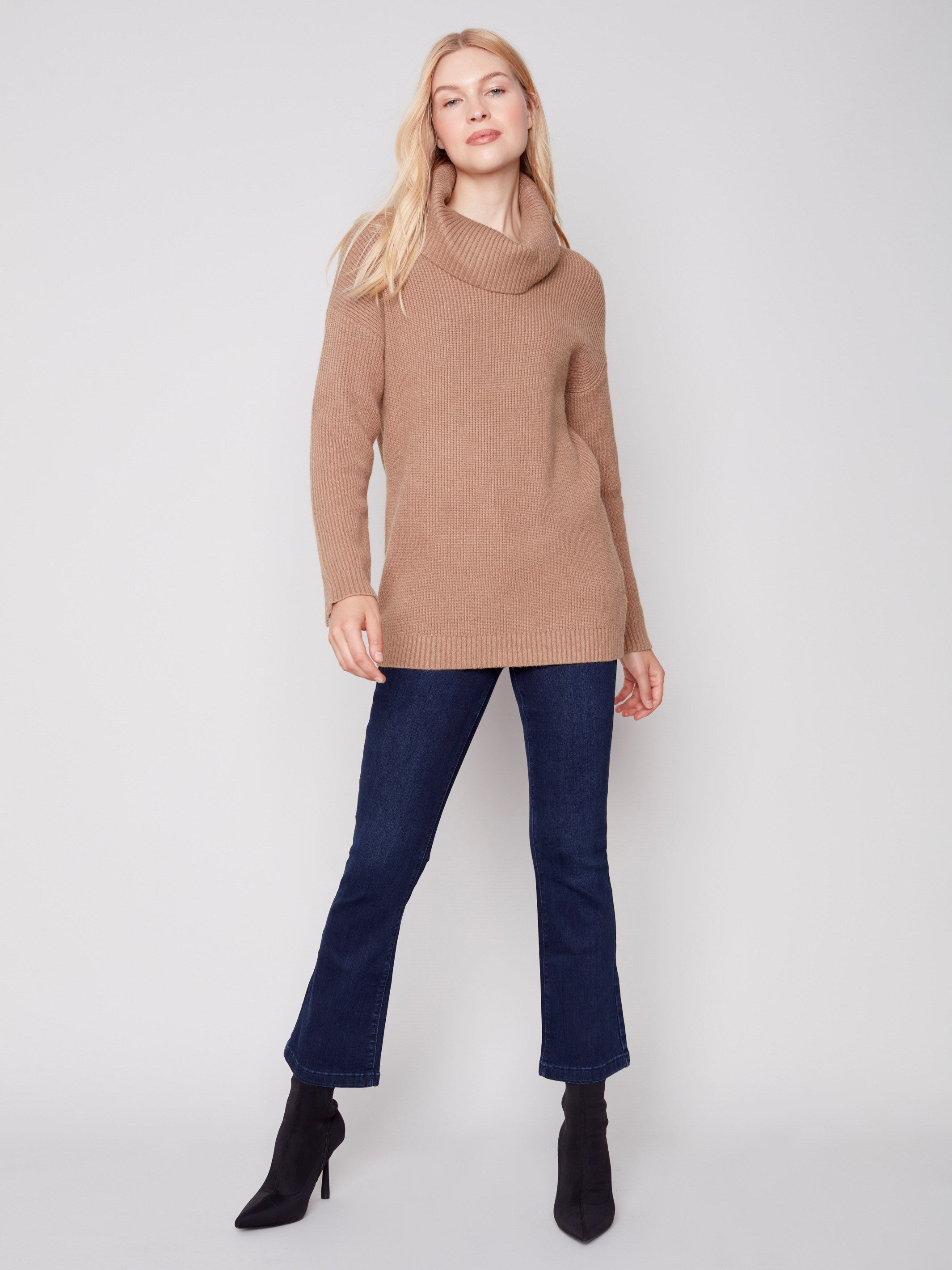 Cowl Neck Sweater with Button Detail - Truffle