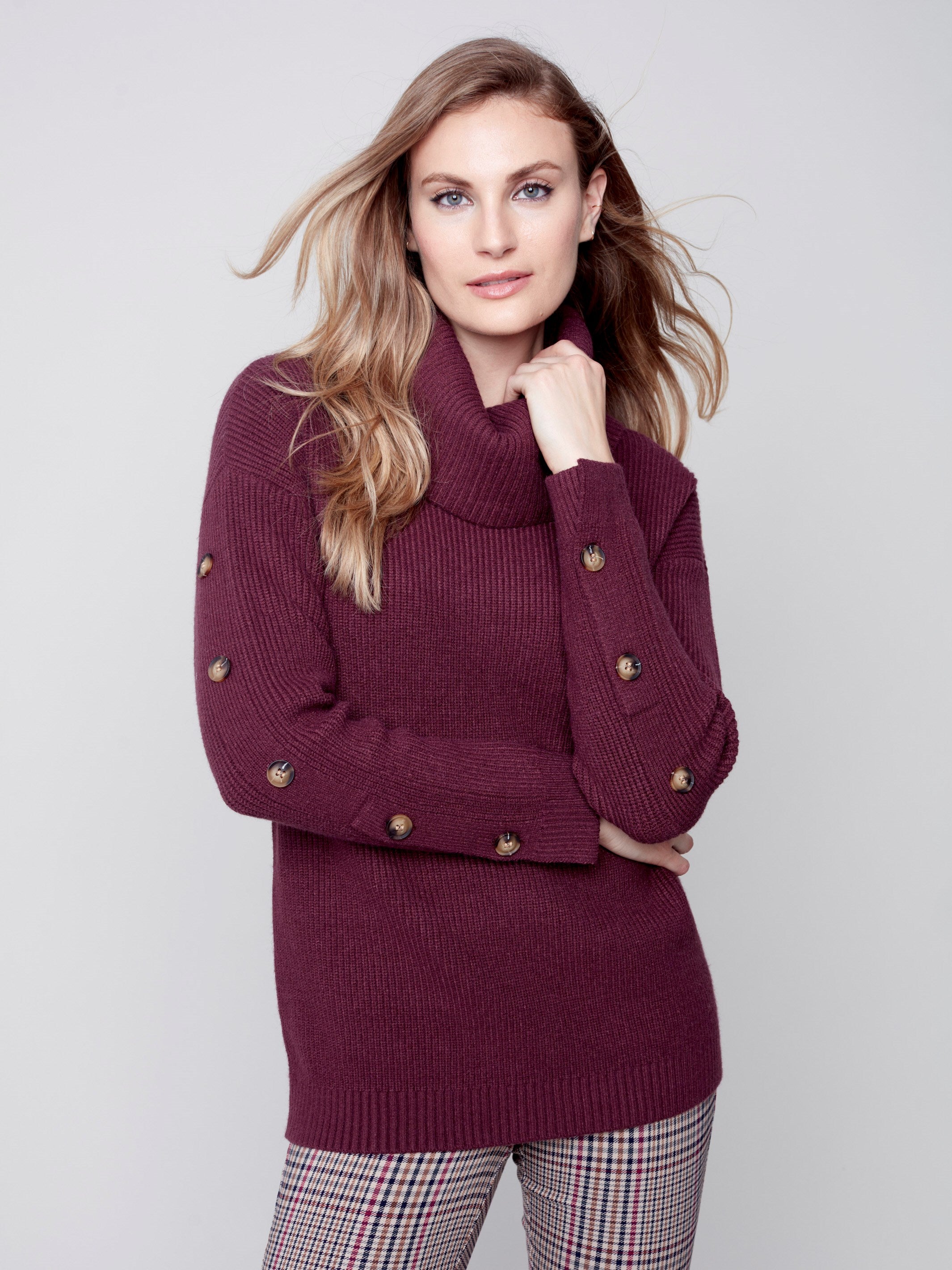 Cowl Neck Sweater with Button Detail - Port