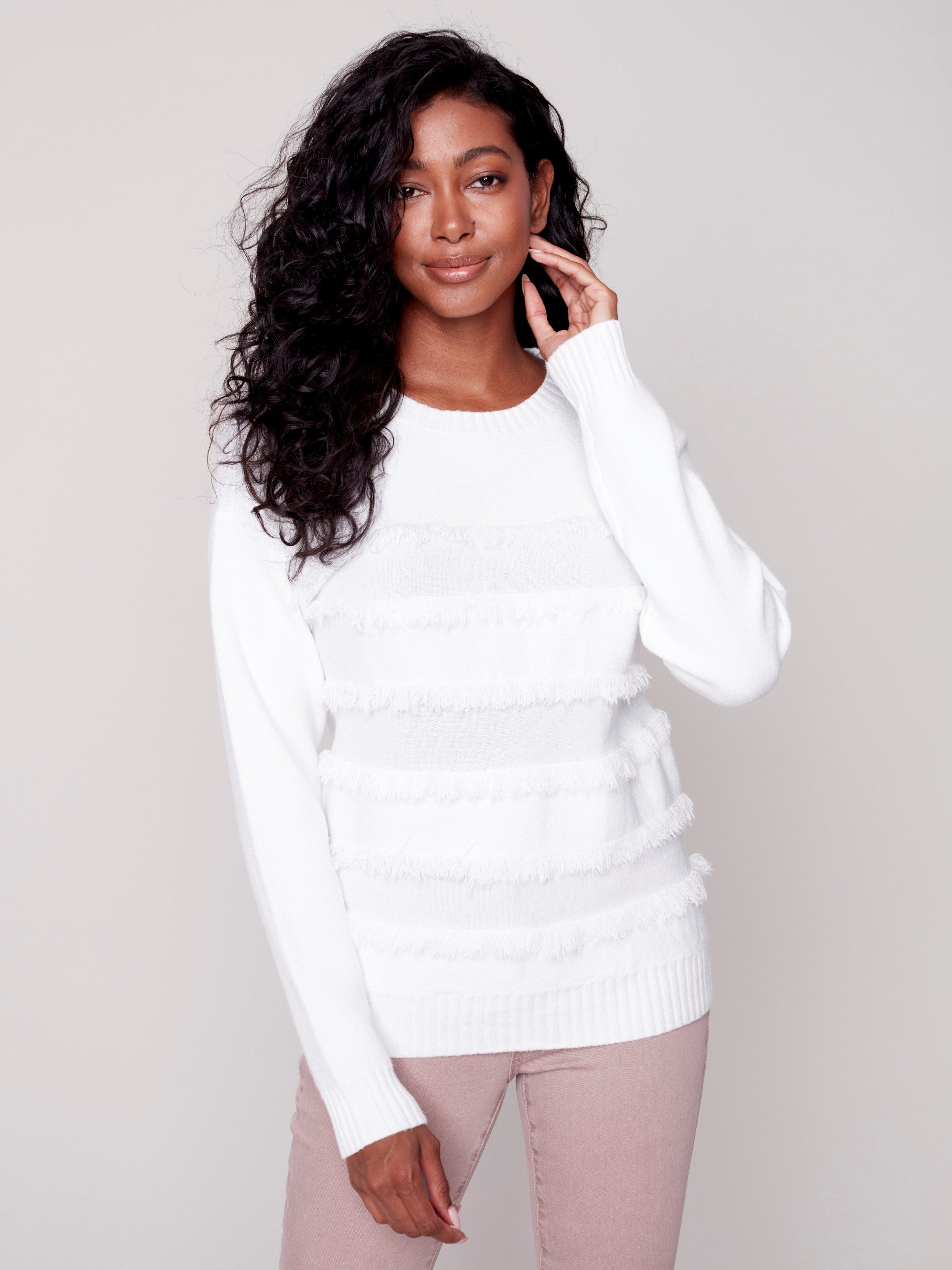Crew Neck Sweater with Frayed Detail - Cream