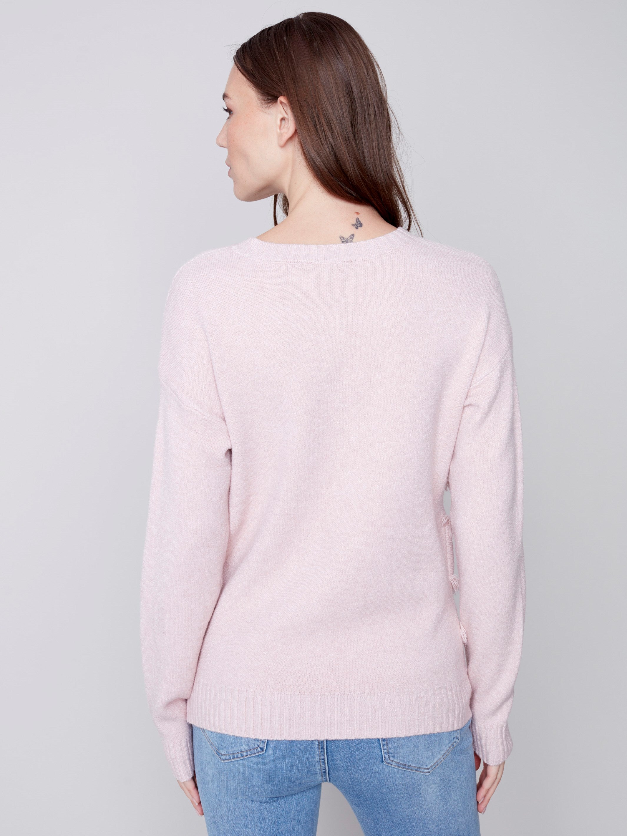 Crew Neck Sweater with Frayed Detail - Powder