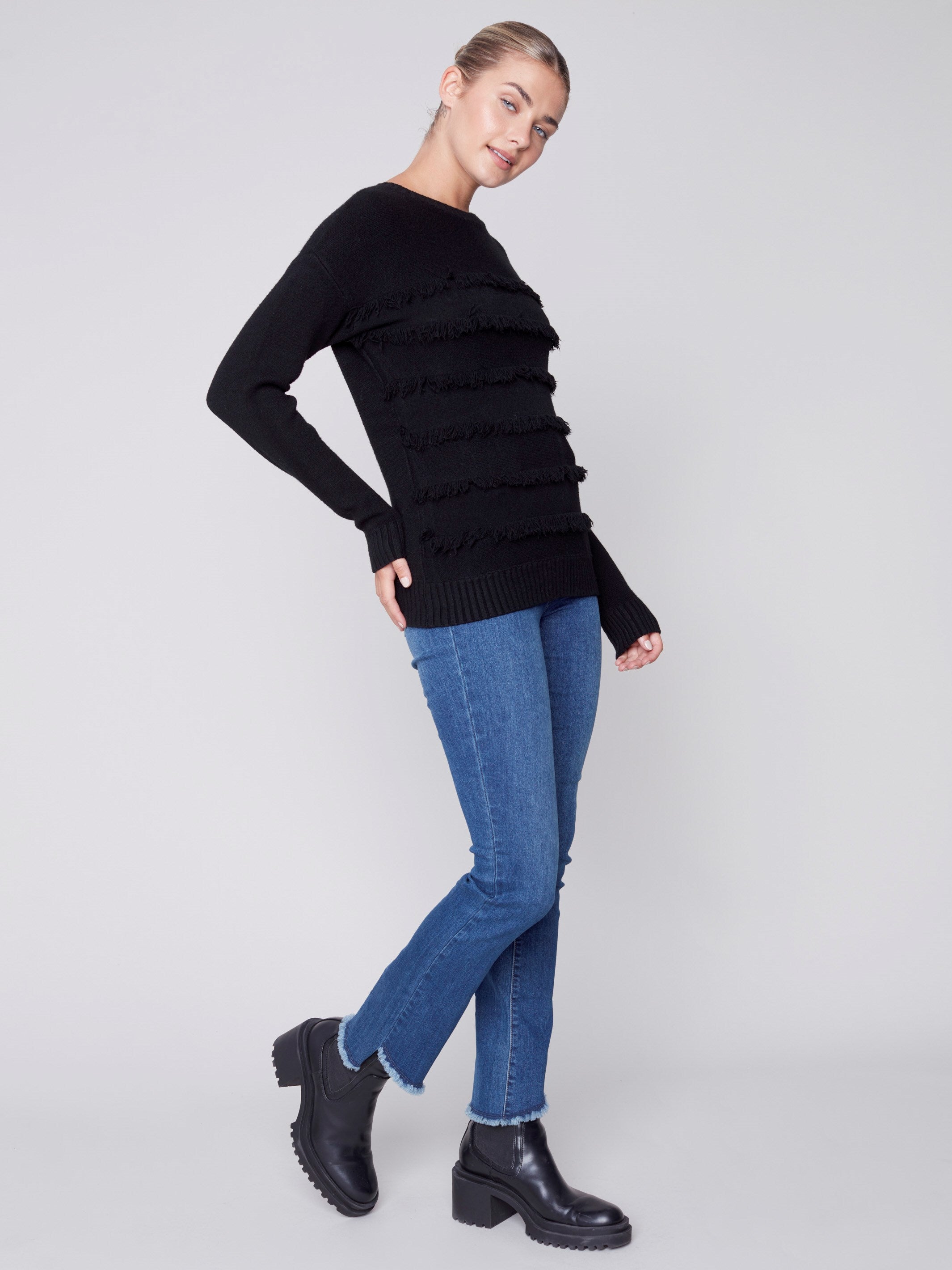 Crew Neck Sweater with Frayed Detail - Black
