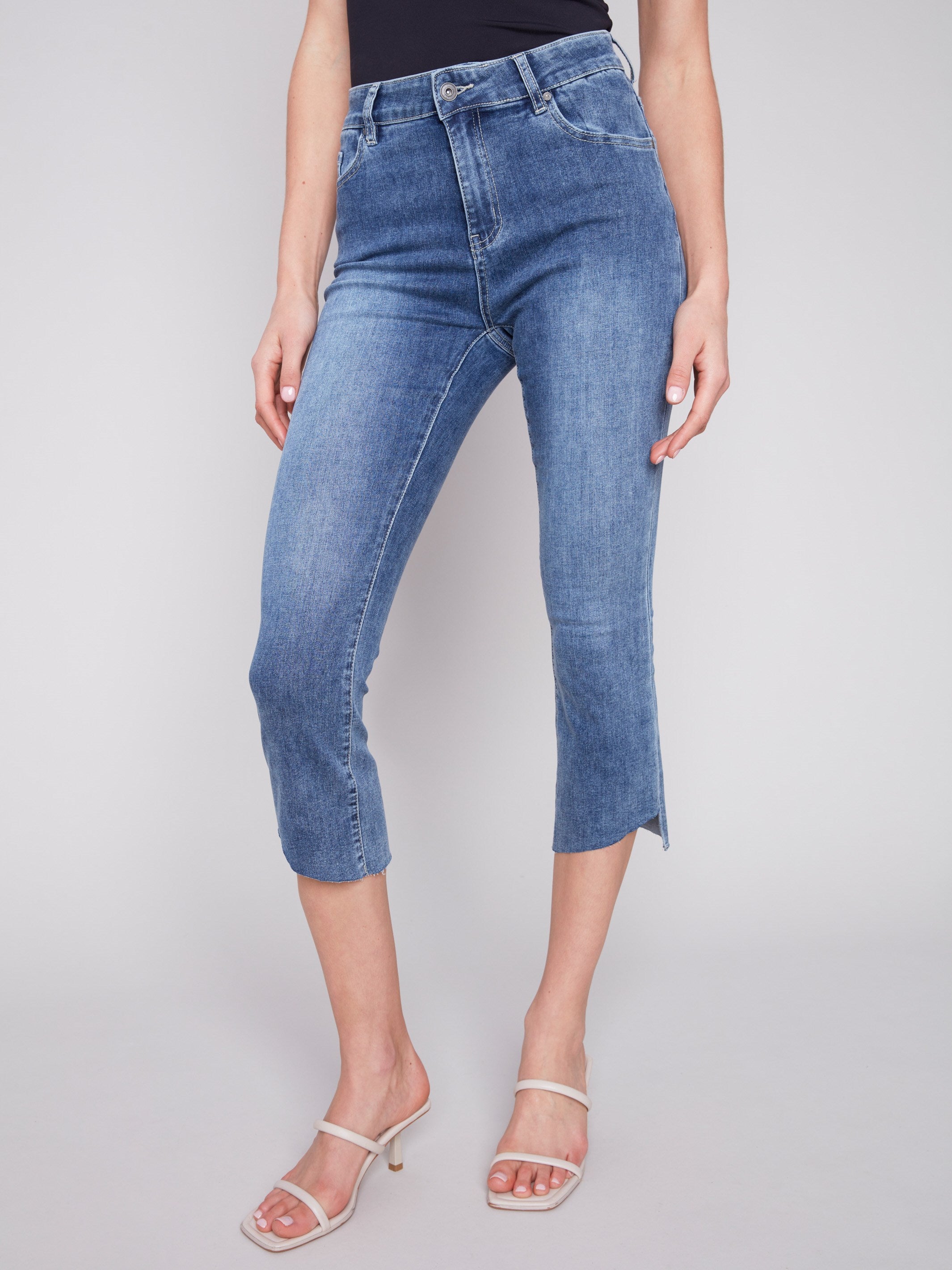 Cropped Bootcut Jeans with Asymmetrical Hem - Medium Blue - Charlie B Collection Canada - Image 2