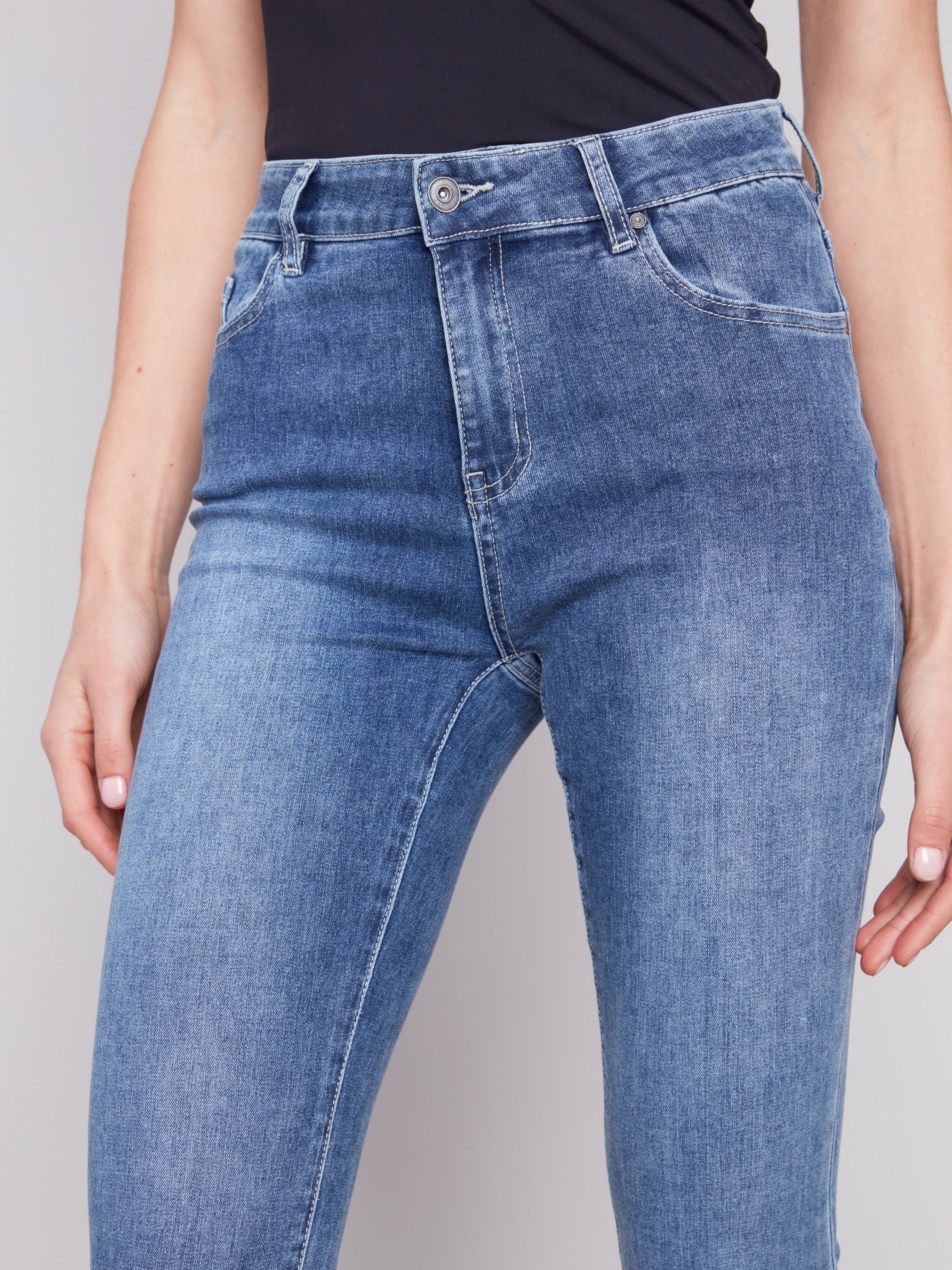 Cropped Bootcut Jeans with Asymmetrical Hem - Medium Blue - Charlie B Collection Canada - Image 5