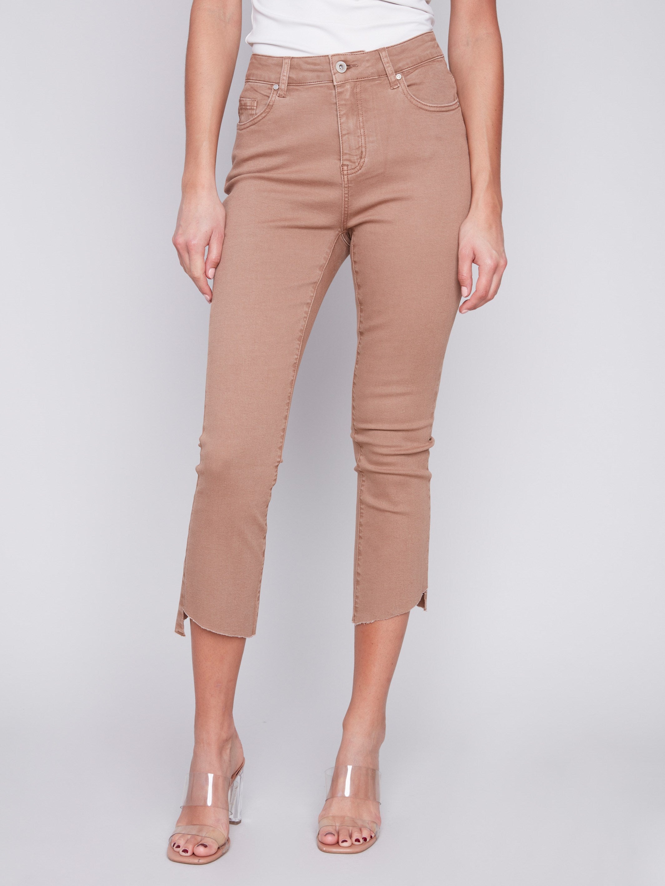 Cropped Bootcut Twill Pants with Asymmetrical Hem - Caramel - Charlie B Collection Canada - Image 2