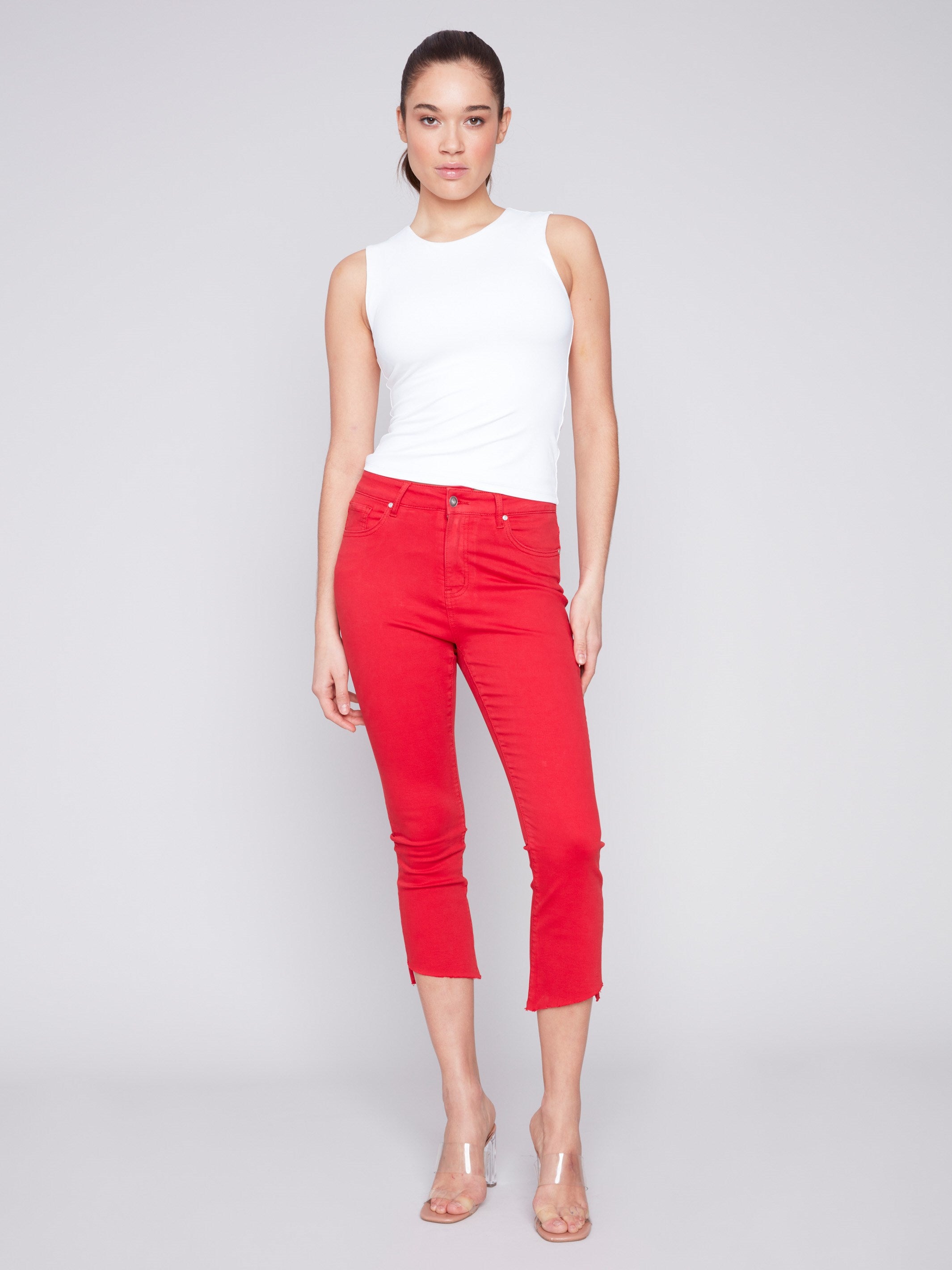Cropped Bootcut Twill Pants with Asymmetrical Hem - Cherry - Charlie B Collection Canada - Image 1