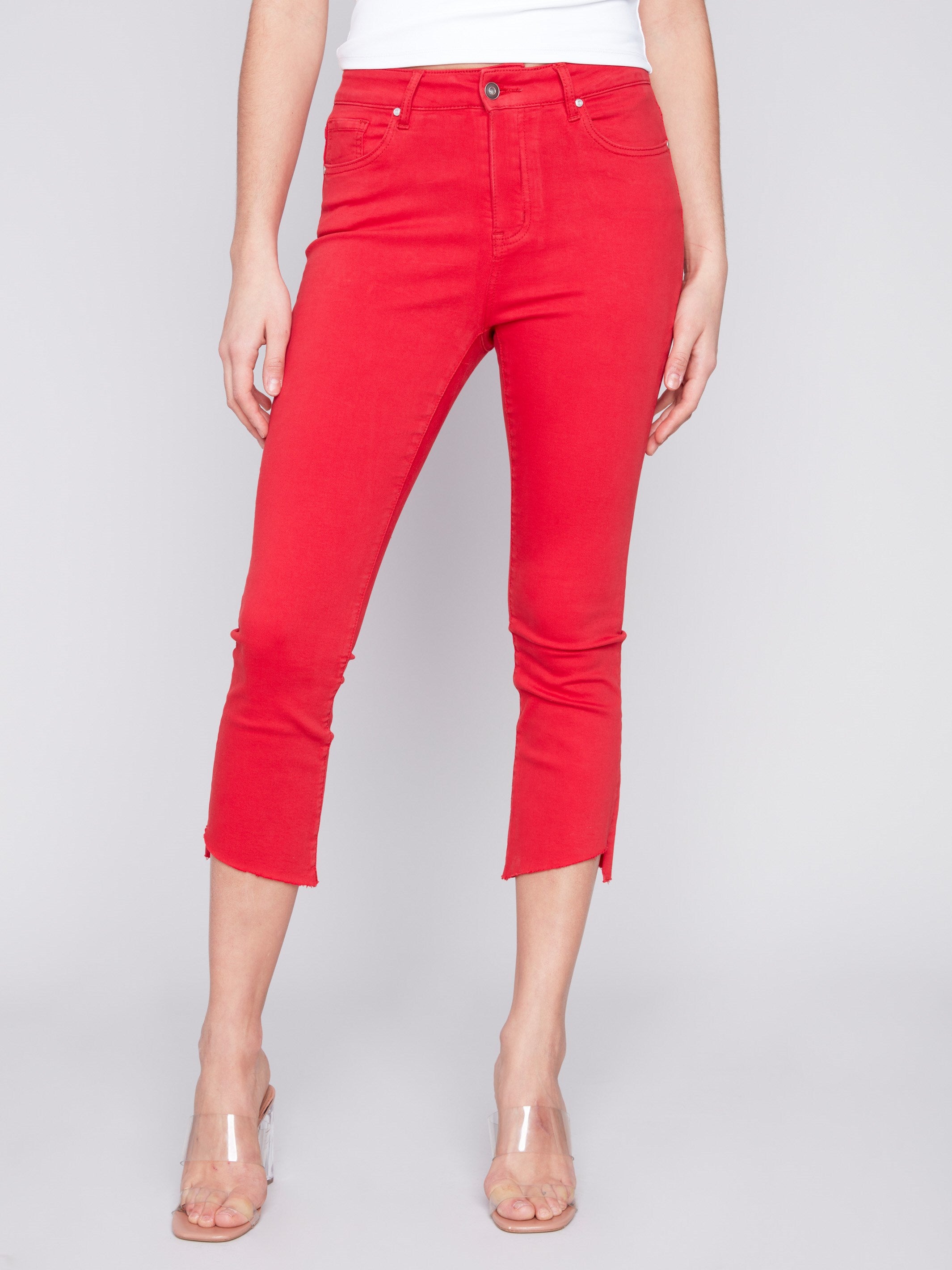 Cropped Bootcut Twill Pants with Asymmetrical Hem - Cherry - Charlie B Collection Canada - Image 2