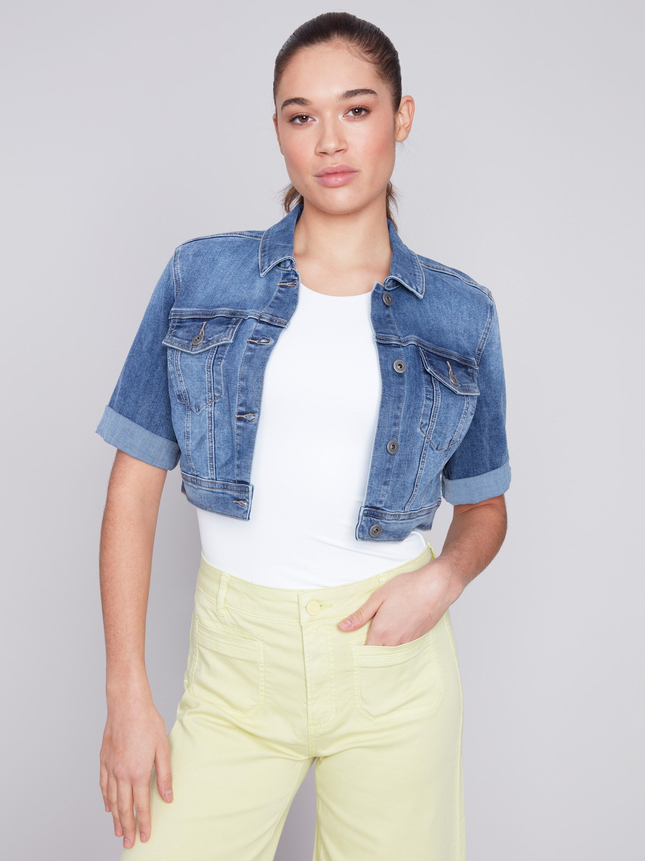 Cropped Jean Jacket - Medium Blue - Charlie B Collection Canada - Image 1