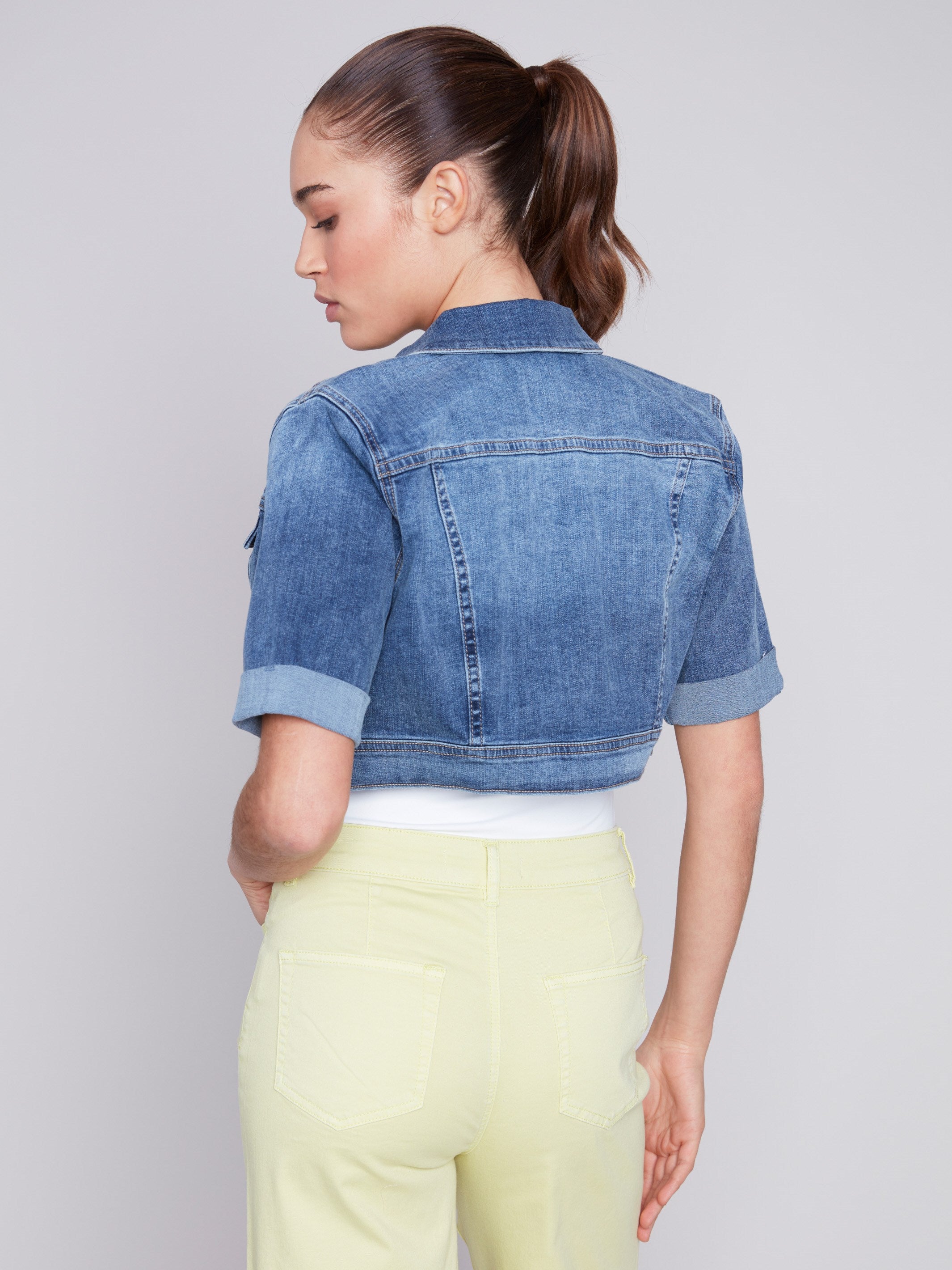 Cropped Jean Jacket - Medium Blue - Charlie B Collection Canada - Image 2